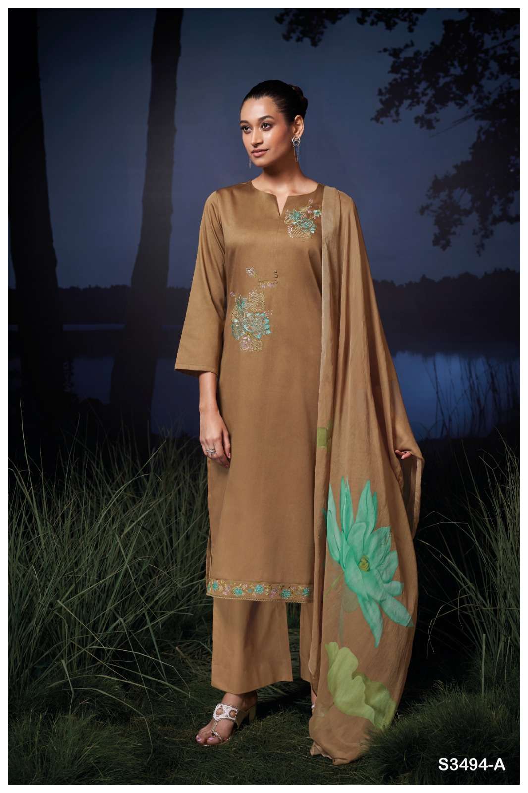 KAILANI SERIES 3494 BY GANGA DESIGNER EMBROIDERY WORK COTTON SATIN SUITS ARE AVAILABLE AT WHOLESALE PRICE