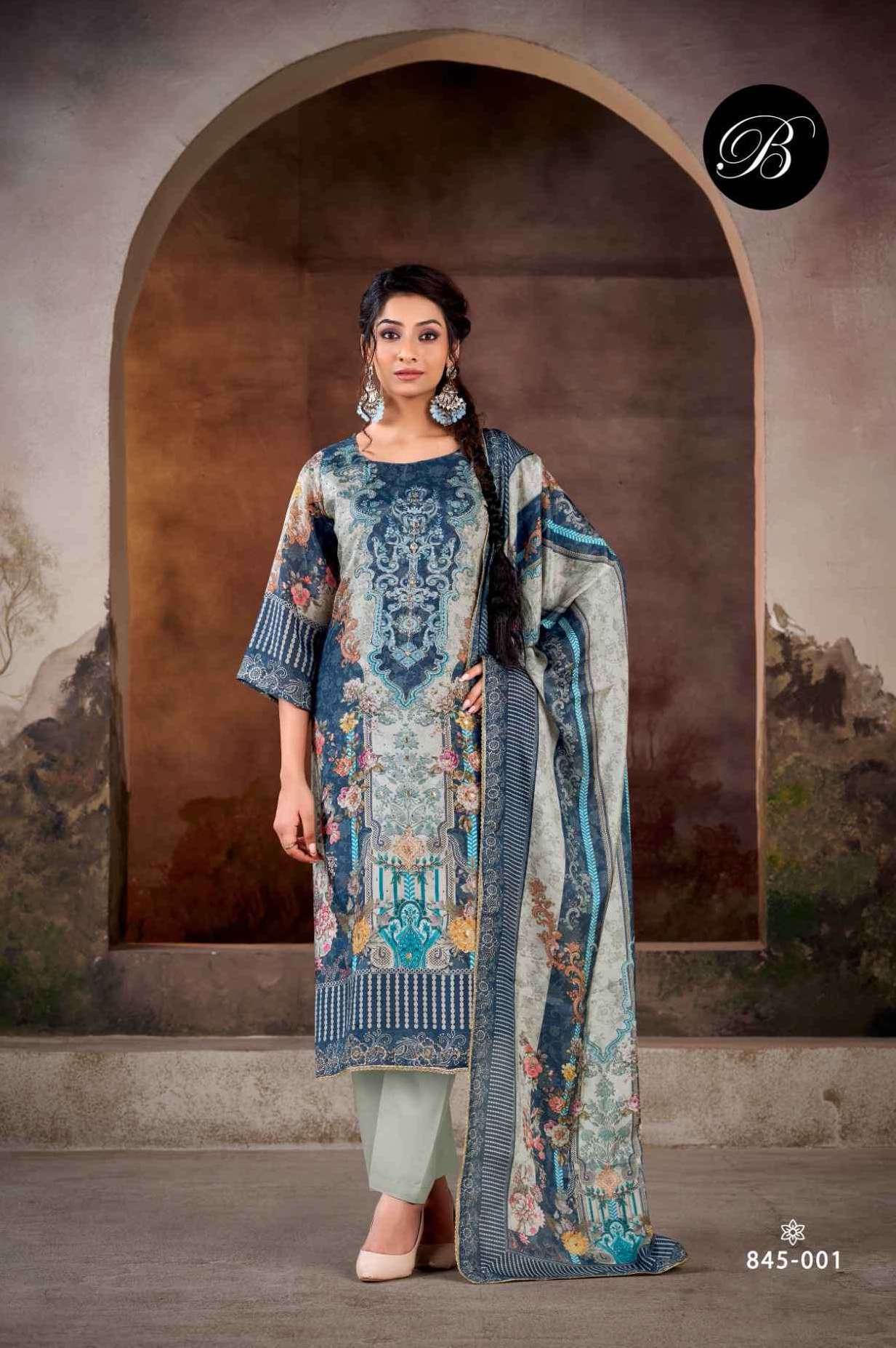 KANIKA VOL-3 SERIES 845 BY BELLIZA DESIGNER PRINTED AND WORK VISCOSE MUSLIN SUITS ARE AVAILABLE AT WHOLESALE PRICE