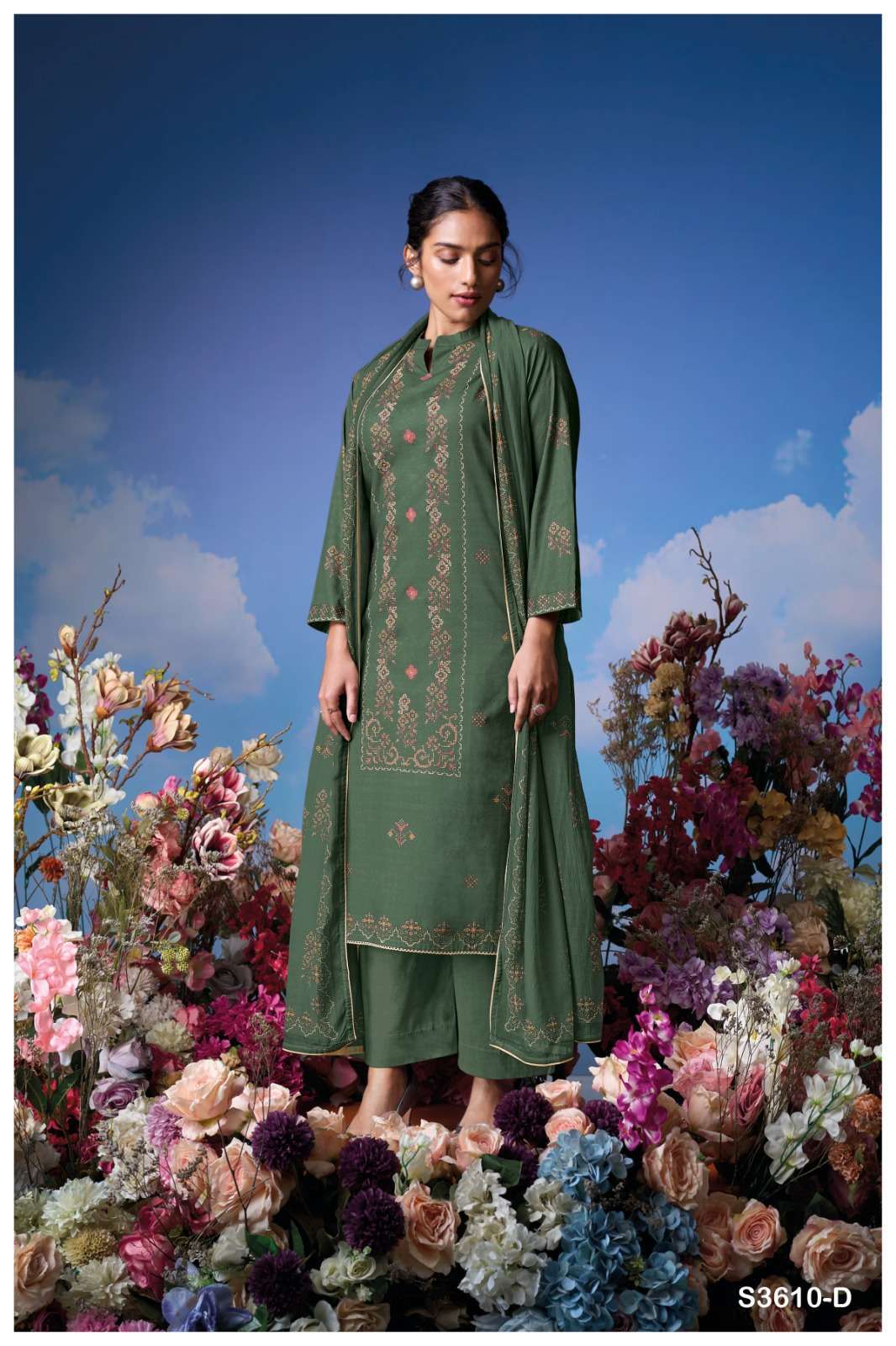 LILY SERIES 3610 BY GANGA DESIGNER PRINTED WITH EMBROIDERY AND HAND WORK COTTON SUITS ARE AVAILABLE AT WHOLESALE PRICE
