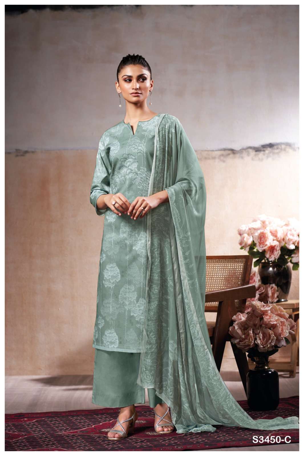 LINZY SERIES 3450 BY GANGA DESIGNER PRINTED WITH EMBROIDERY AND HAND WORK COTTON SUITS ARE AVAILABLE AT WHOLESALE PRICE