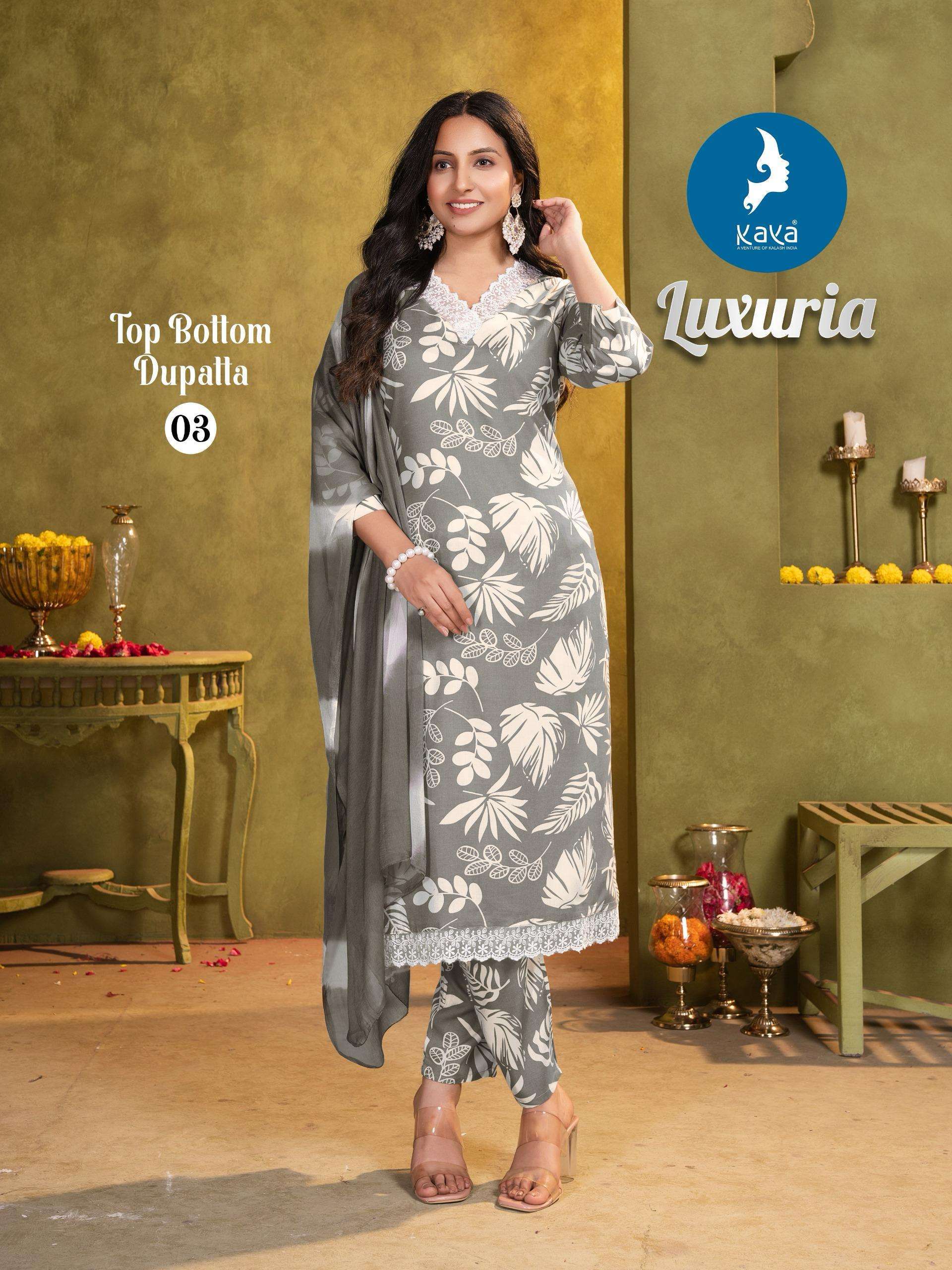 LUXURIA SERIES 01 TO 06 BY KAYA DESIGNER PRINTED RAYON KURTI WITH BOTTOM AND DUPATTA ARE AVAILABLE AT WHOLESALE PRICE