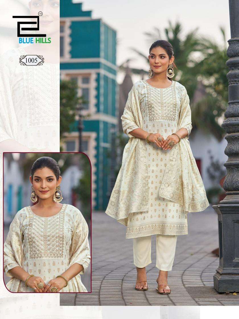 MADHURI SERIES 1001 TO 1008 BY BLUE HILLS DESIGNER FOIL PRINTED RAYON KURTI WITH BOTTOM AND DUPATTA ARE AVAILABLE AT WHOLESALE PRICE