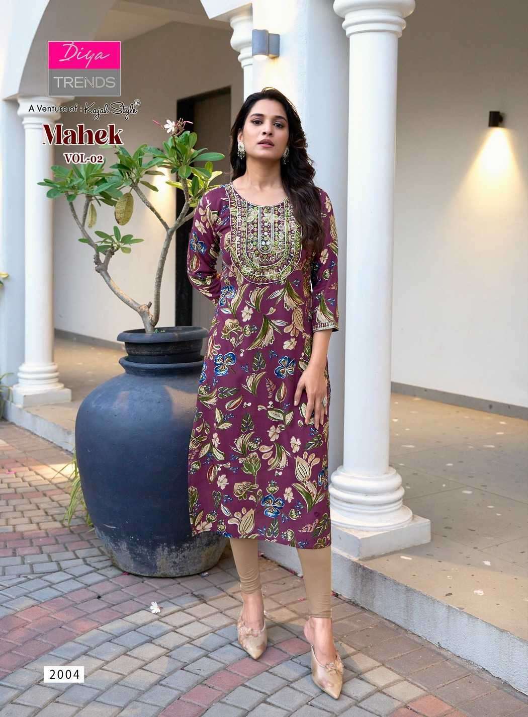 MAHEK VOL-2 SERIES 2001 TO 2008 KURTI BY DIYA TRENDS DESIGNER PRINTED AND WORK RAYON KURTIS ARE AVAILABLE AT WHOLESALE PRICE