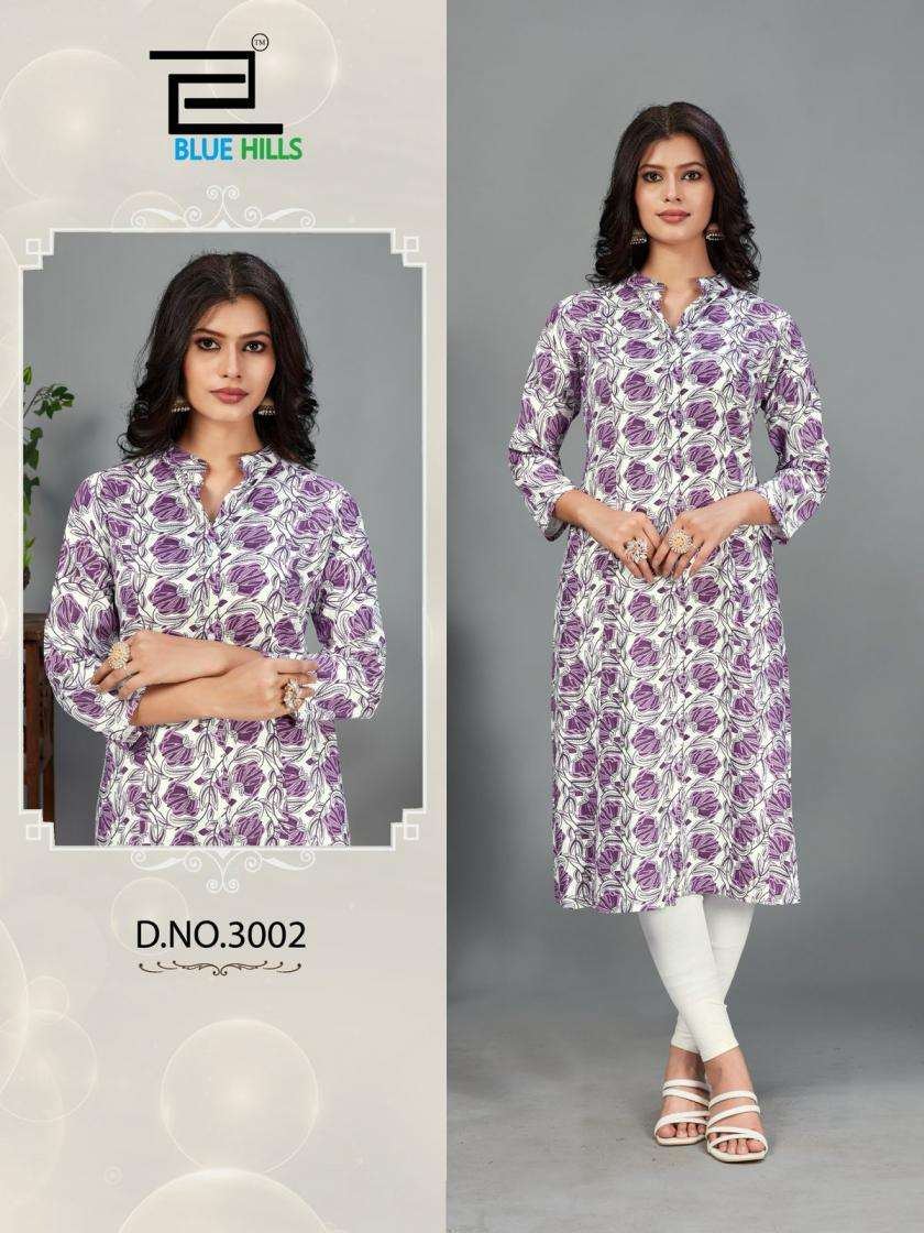 MAHER VOL-3 SERIES 3001 TO 3007 KURTI BY BLUE HILLS DESIGNER PRINTED RAYON KURTIS ARE AVAILABLE AT WHOLESALE PRICE