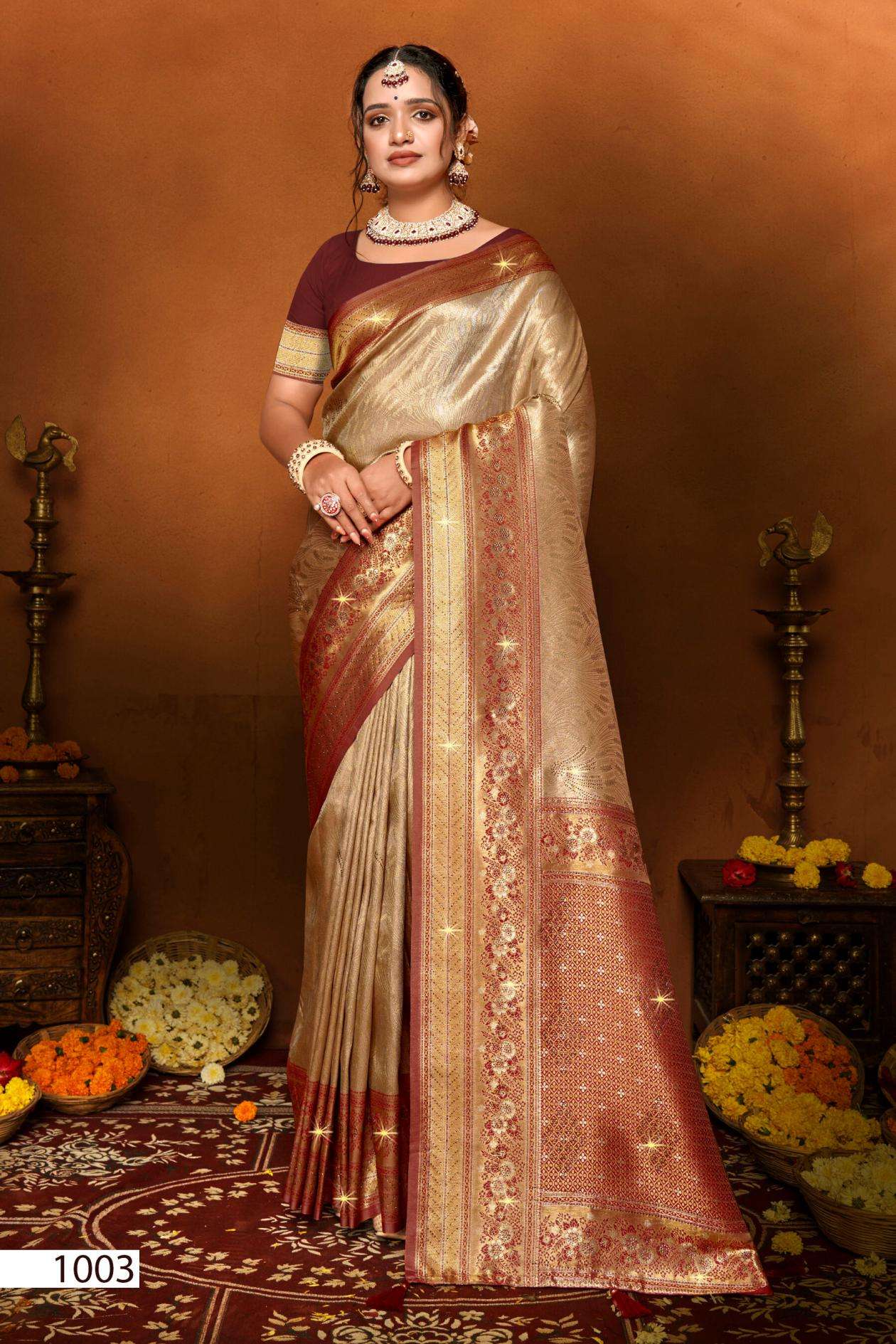MUDRA TISSUE SAROSKI VOL-1 SERIES 1001 TO 1006 SAREE BY SAROJ DESIGNER SOFT TISSUE SILK SAREES ARE AVAILABLE AT WHOLESALE PRICE