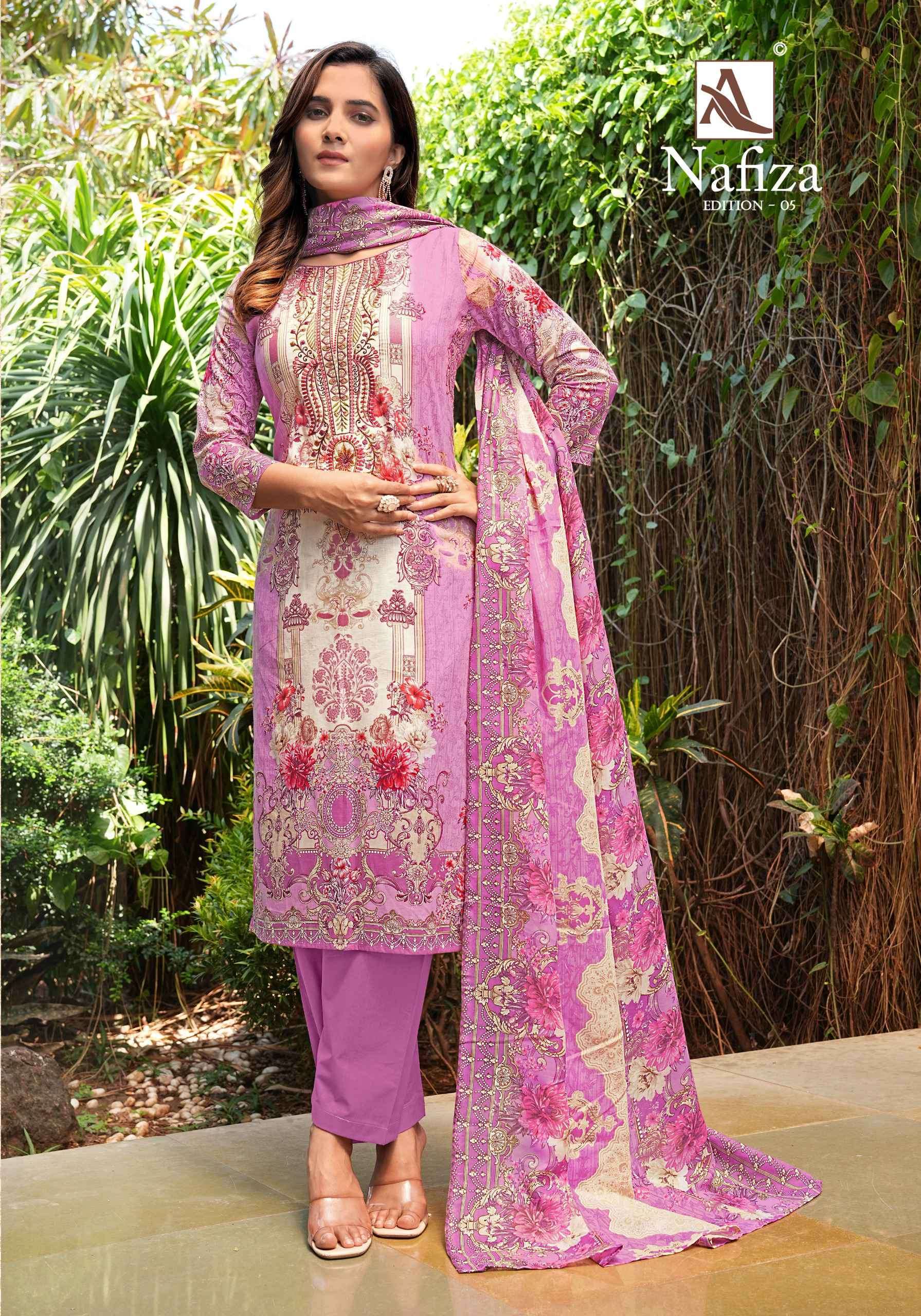 NAFIZA EDITION-5 SERIES 2501 BY ALOK SUITS DESIGNER WITH PRINTED AND WORK CAMBRIC COTTON SUITS ARE AVAILABLE AT WHOLESALE PRICE