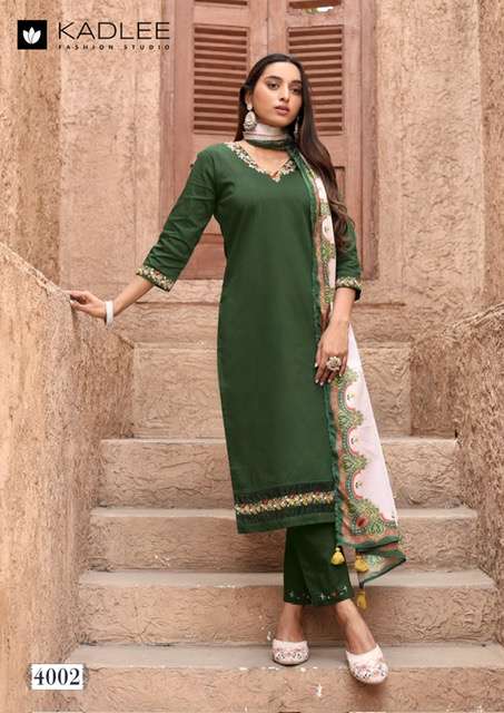 NAKASHI SERIES 4001 TO 4004 BY KADLEE DESIGNER THREAD AND HAND WORK COTTON TOP WITH BOTTOM AND DUPATTA ARE AVAILABLE AT WHOLESALE PRICE