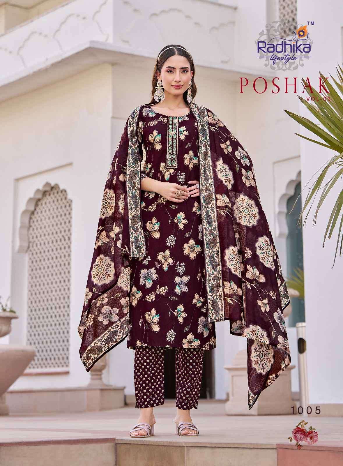 POSHAK VOL-1 SERIES 1001 TO 1008 BY RADHIKA LIFESTYLE DESIGNER PRINTED AND WORK COTTON KURTI WITH BOTTIM AND DUPATTA ARE AVAILABLE AT WHOLESALE PRICE