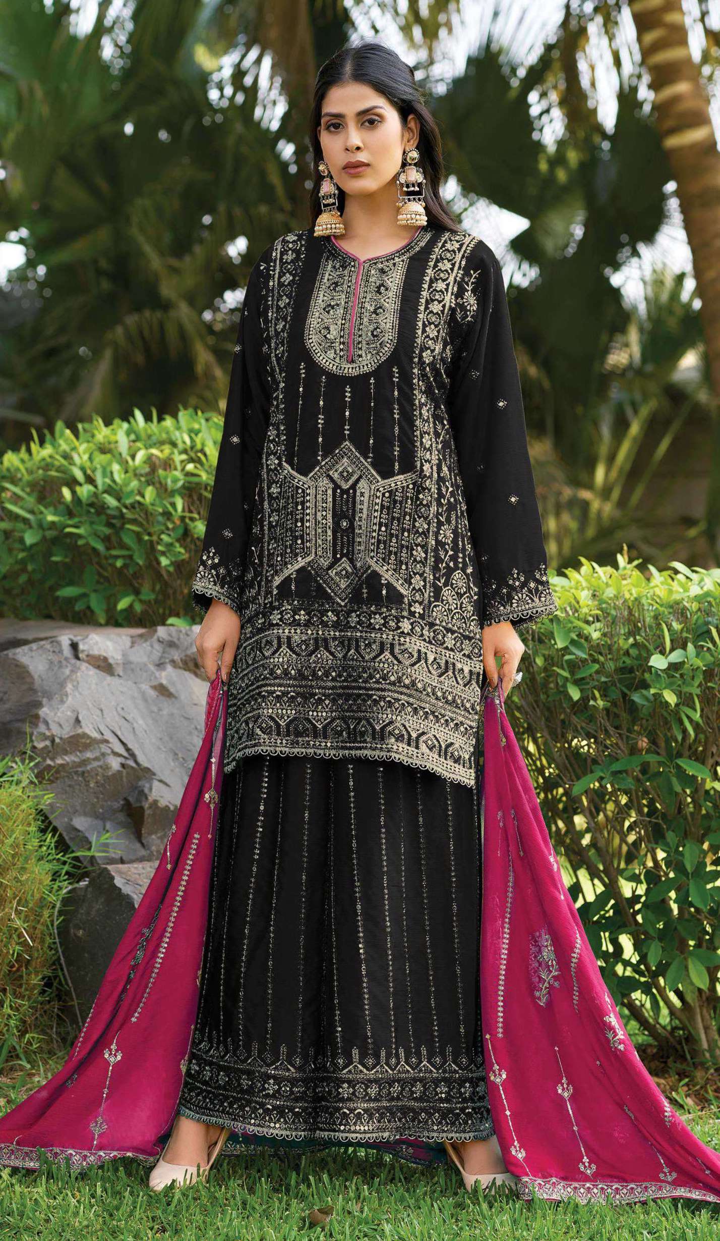 R 1184 BY SHREE FABS DESIGNER HEAVY WORK CHINON READYMADE SHARARA SUITS ARE AVAILABLE AT WHOLESALE PRICE
