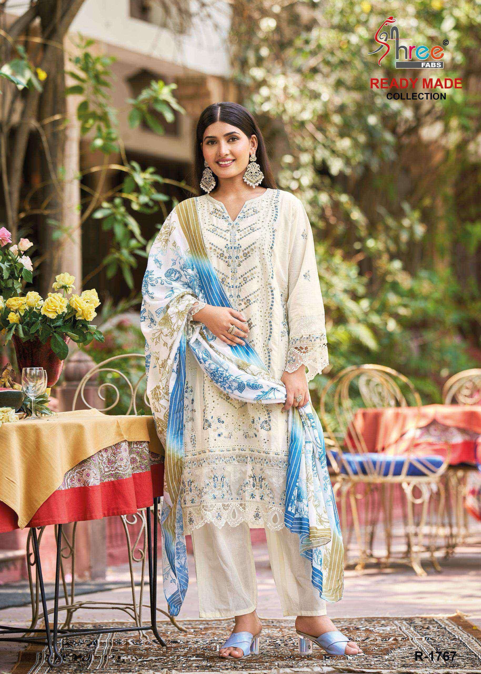 R 1767 BY SHREE FABS DESIGNER EMBROIDERY WORK CAMBRIC COTTON READYMADE SUITS ARE AVAILABLE AT WHOLESALE PRICE