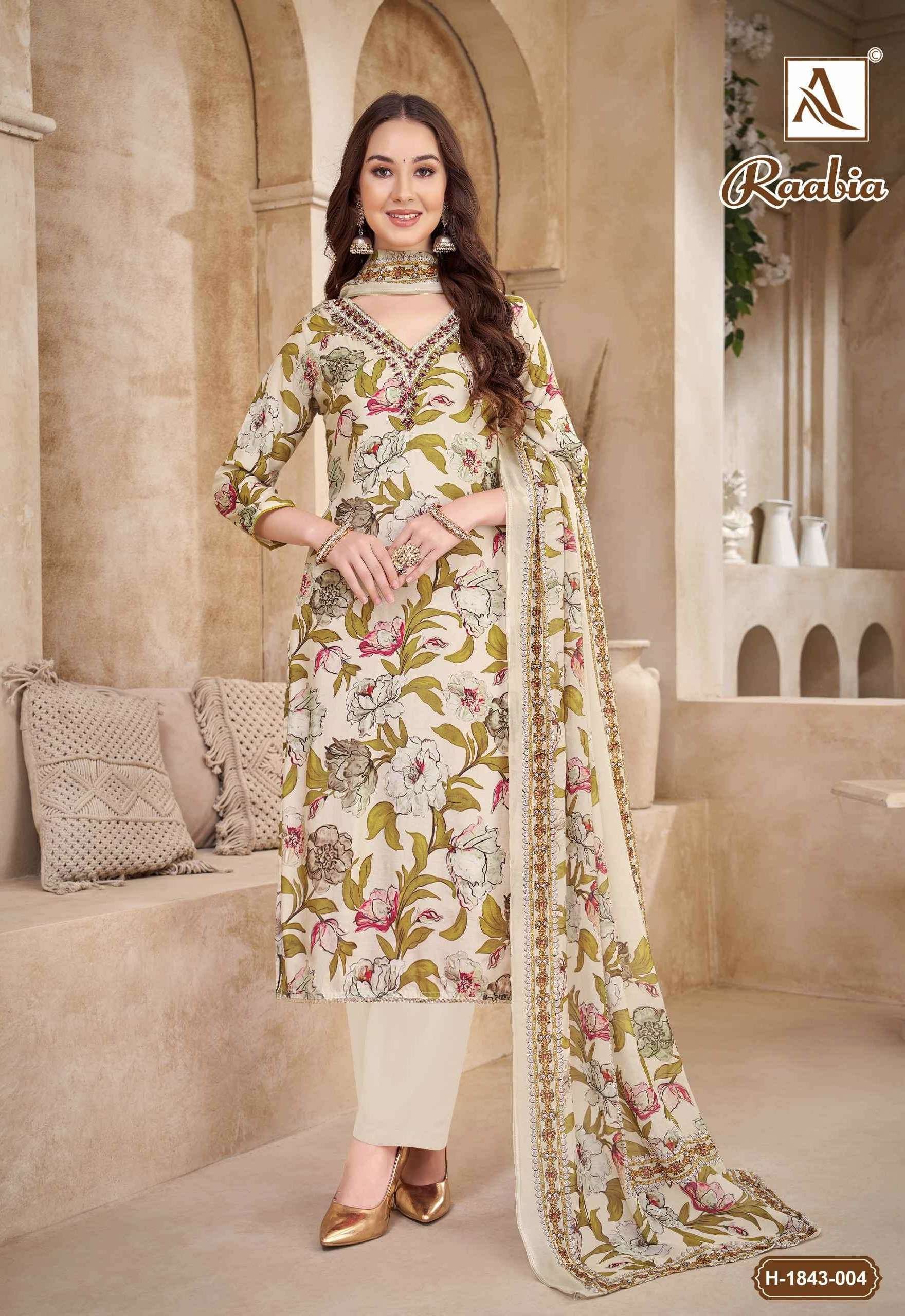 RAABIA SERIES 1843 BY ALOK SUITS DESIGNER DIGITAL PRINTED AND HAND WORK VISCOSE MUSLIN SUITS ARE AVAILABLE AT WHOLESALE PRICE