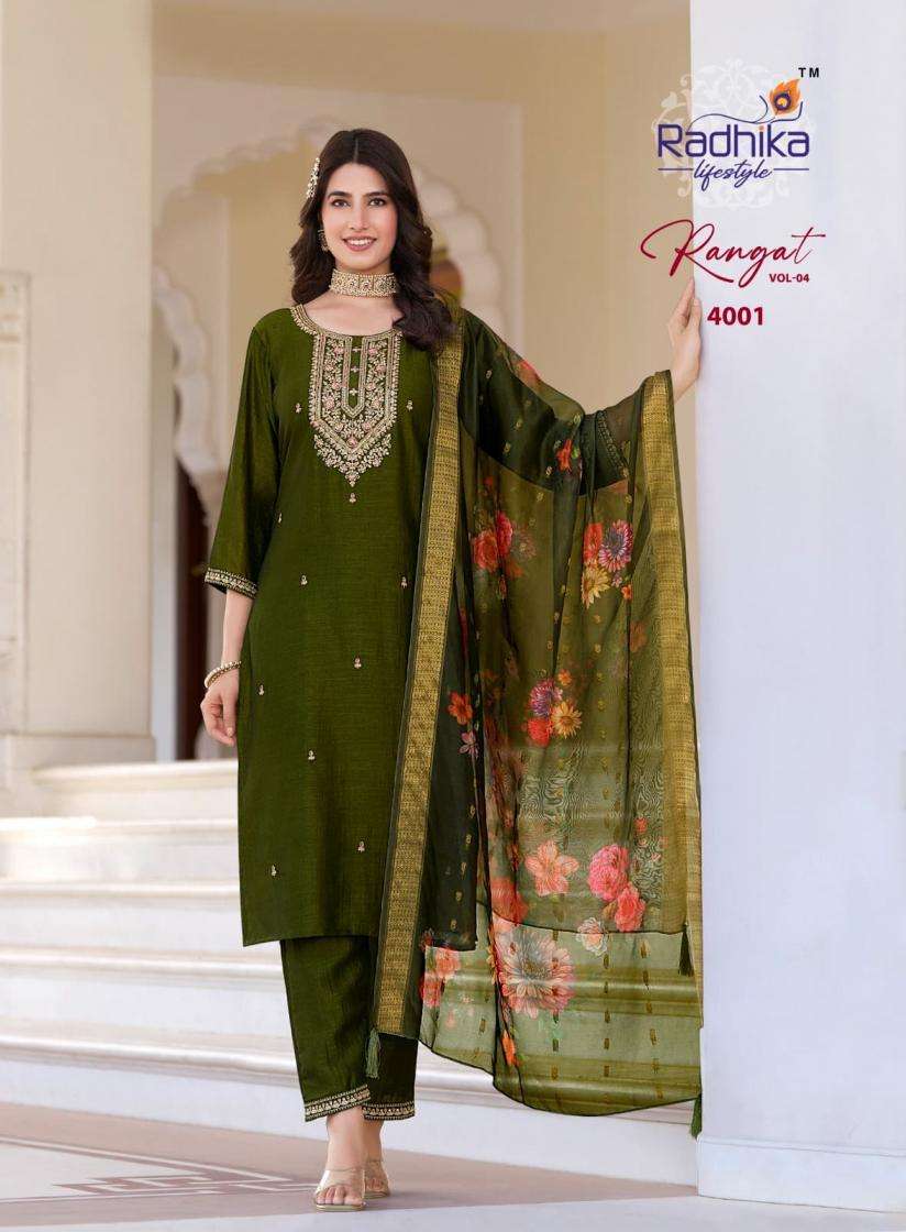 RANGAT VOL-4 SERIES 4001 TO 4008 BY RADHIKA LIFSTYLE DESIGNER WORK VICHITRA SILK TOP WITH BOTTOM AND DUPATTA ARE AVAILABLE AT WHOLESALE PRICE