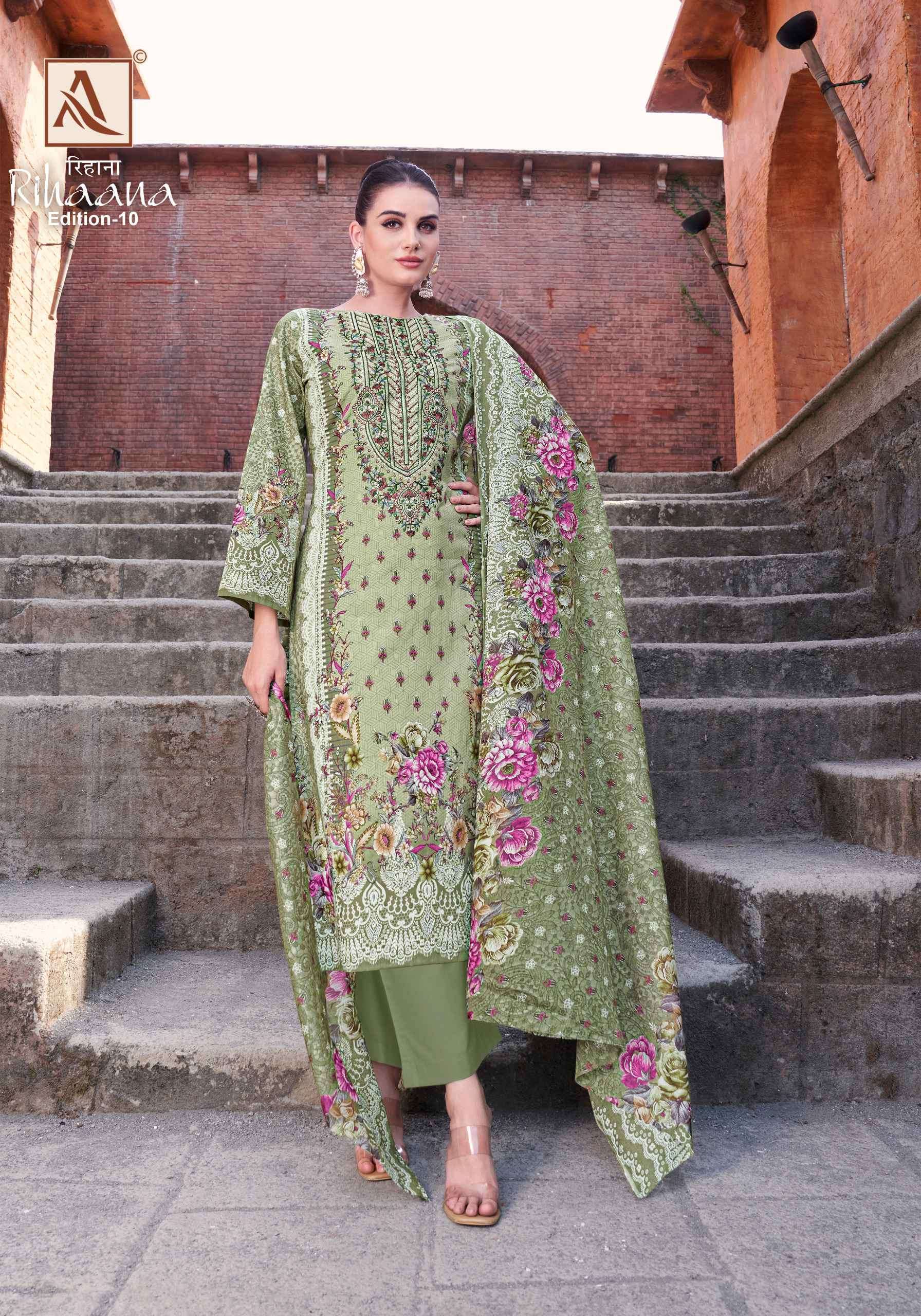 RIHAANA EDITION-10 SERIES 1995 BY ALOK SUITS DESIGNER WITH PRINTED AND WORK CAMBRIC COTTON SUITS ARE AVAILABLE AT WHOLESALE PRICE