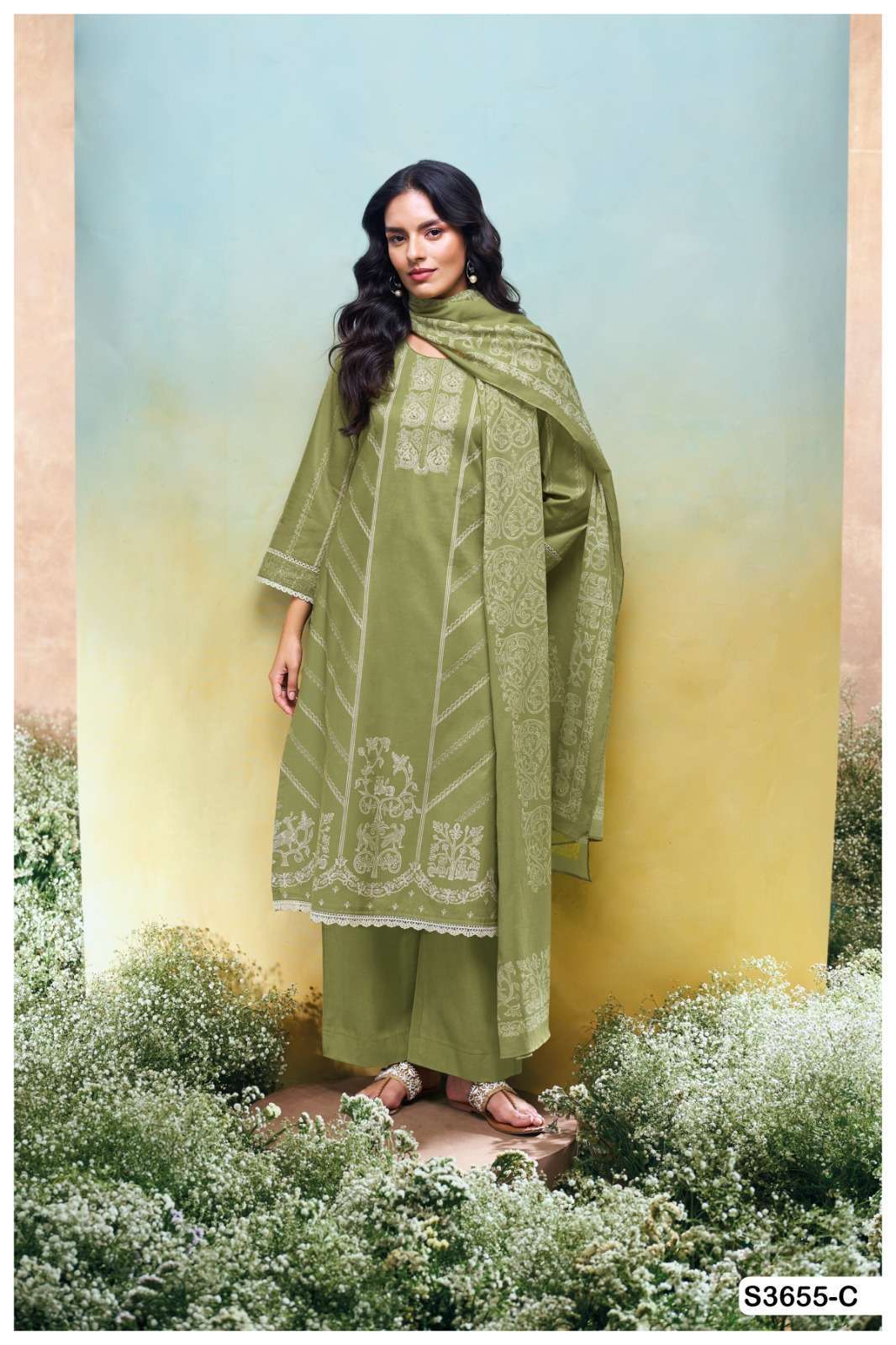  SANULI SERIES 3655 BY GANGA DESIGNER PRINTED WITH EMBROIDERY AND HAND WORK COTTON SUITS ARE AVAILABLE AT WHOLESALE PRICE