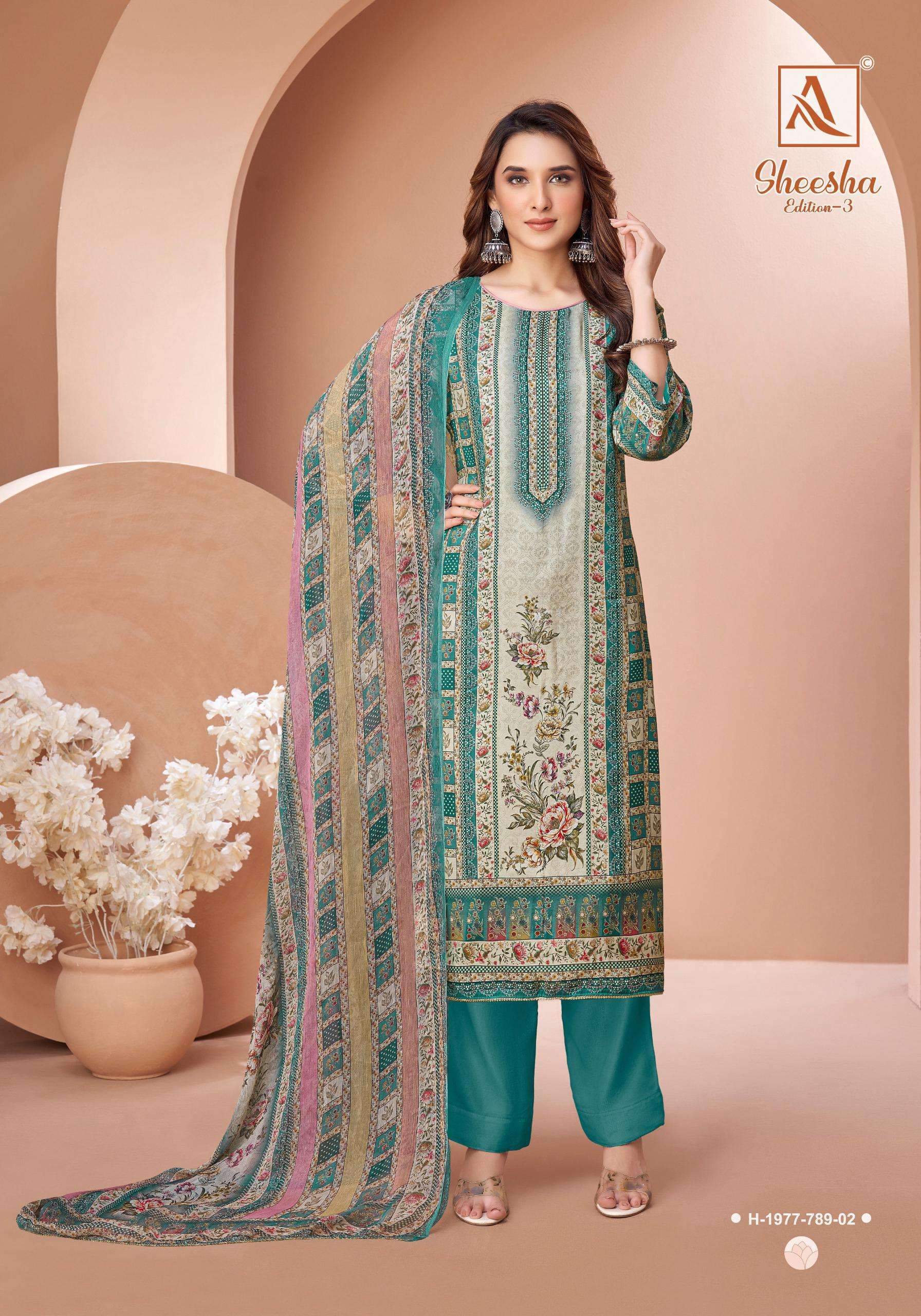 SHEEHSA EDITION-3 SERIES 1977 BY ALOK SUITS DESIGNER DIGITAL PRINTED AND WORK VISCOSE MUSLIN SUITS ARE AVAILABLE AT WHOLESALE PRICE