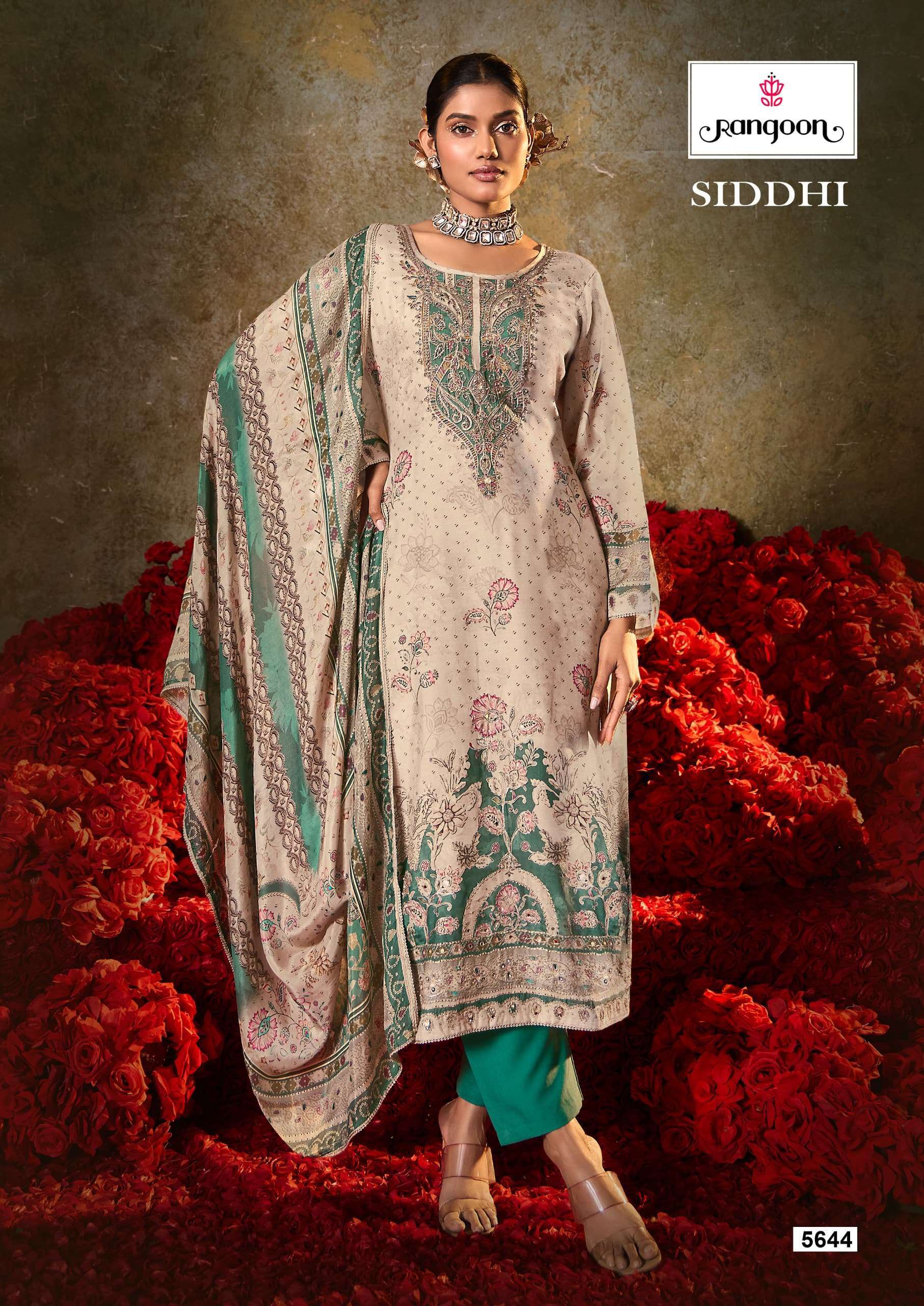 SIDDHI SERIES 5641 TO 5644 BY RANGOON DESIGNER DIGITAL PRINTED WITH WORK MUSLIN TOP WITH BOTTOM AND DUPATTA ARE AVAILABLE AT WHOLESALE PRICE