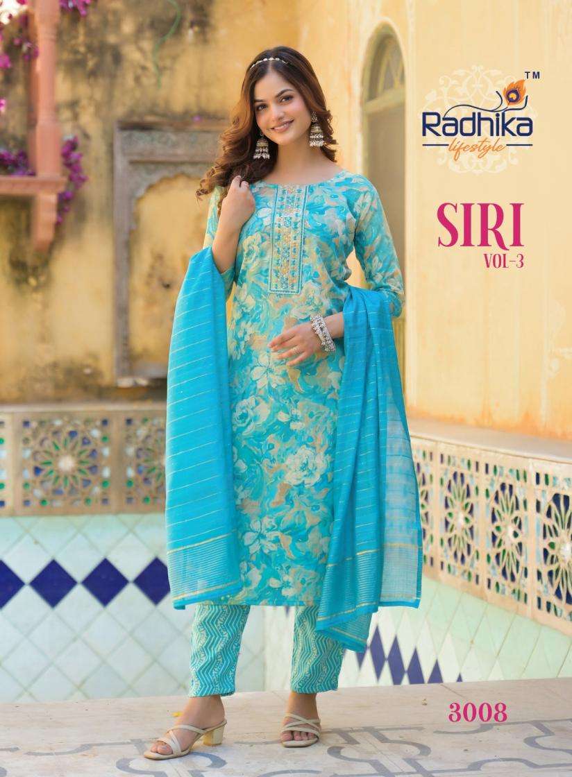 SIRI VOL-3 SERIES 3001 TO 3008 BY RADHIKA LIFESTYLE DESIGNER PRINTED RAYON TOP WITH BOTTOM AND DUPATTA ARE AVAILABLE AT WHOLESALE PRICE