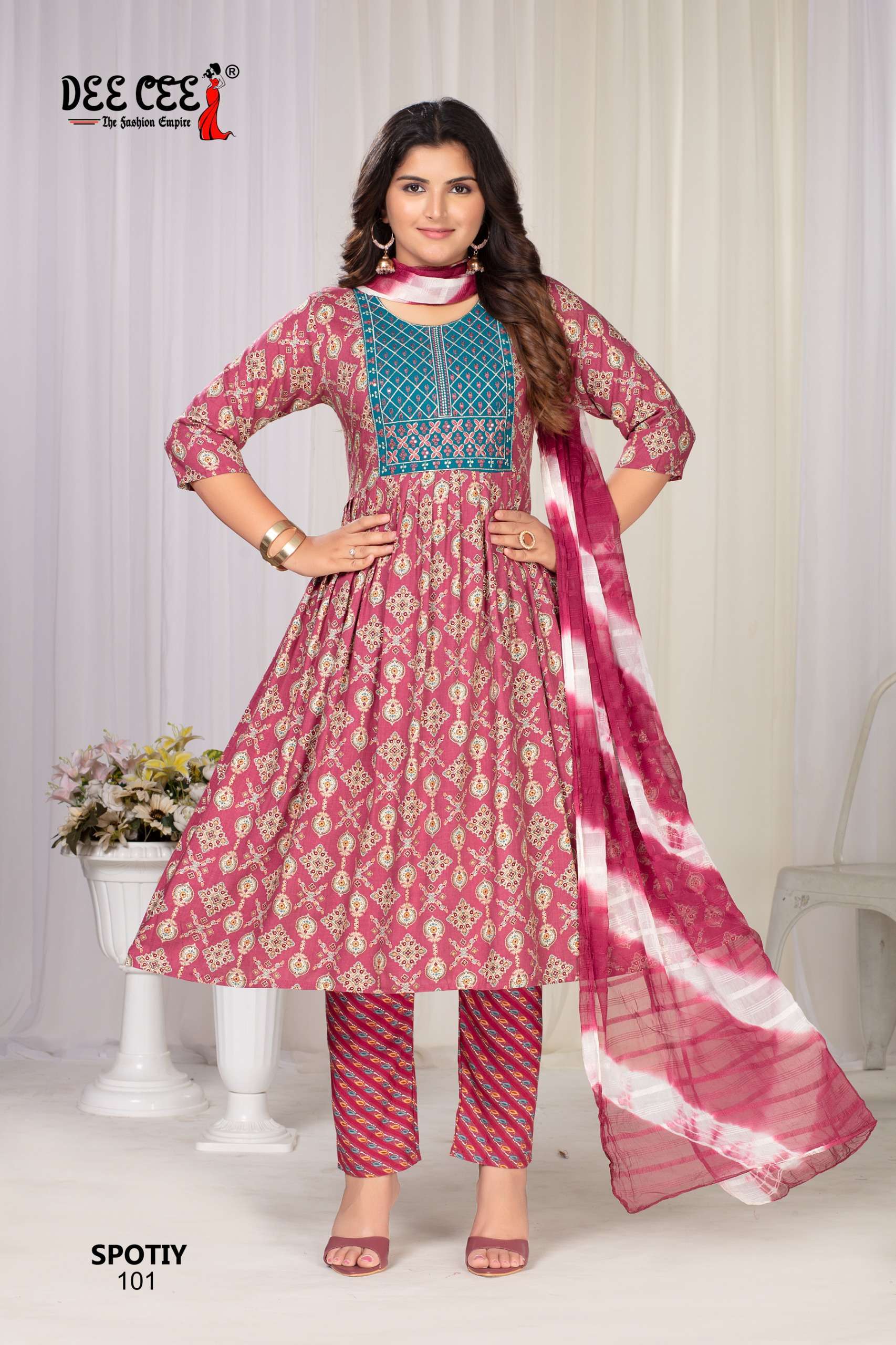 SPOITY SERIES 101 TO 106 BY DEE CEE DESIGNER PRINTED RAYON ANARKALI KURTI WITH BOTTOM AND DUPATTA ARE AVAILABLE AT WHOLESALE PRICE