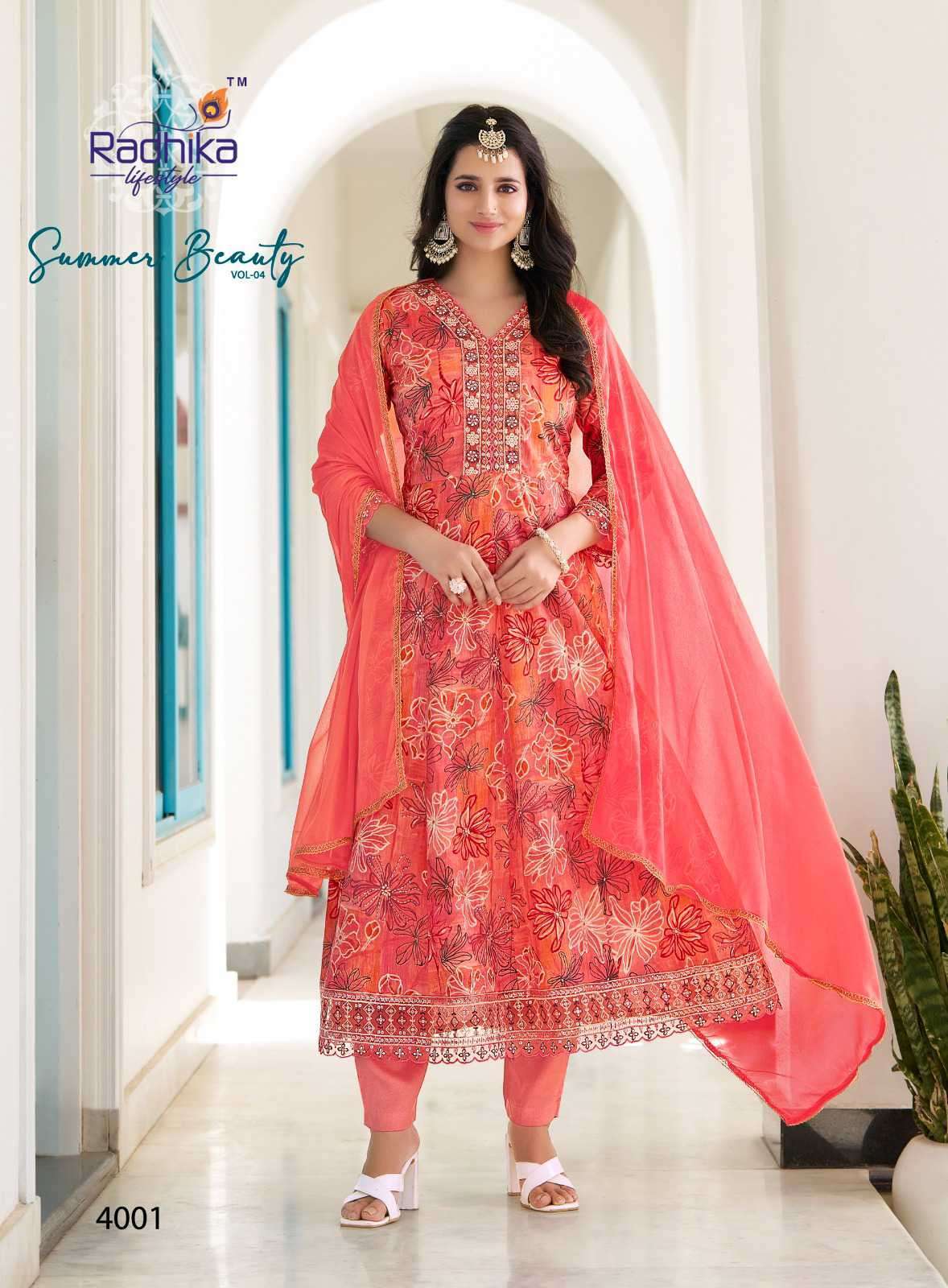 SUMMER BEAUTY VOL-4 SERIES 4001 TO 4006 BY RADHIKA LIFESTYLE DESIGNER PRINTED AND WORK ANARKALI STYLE COTTON KURTI WITH BOTTOM AND DUPATTA ARE AVAILABLE AT WHOLESALE PRICE