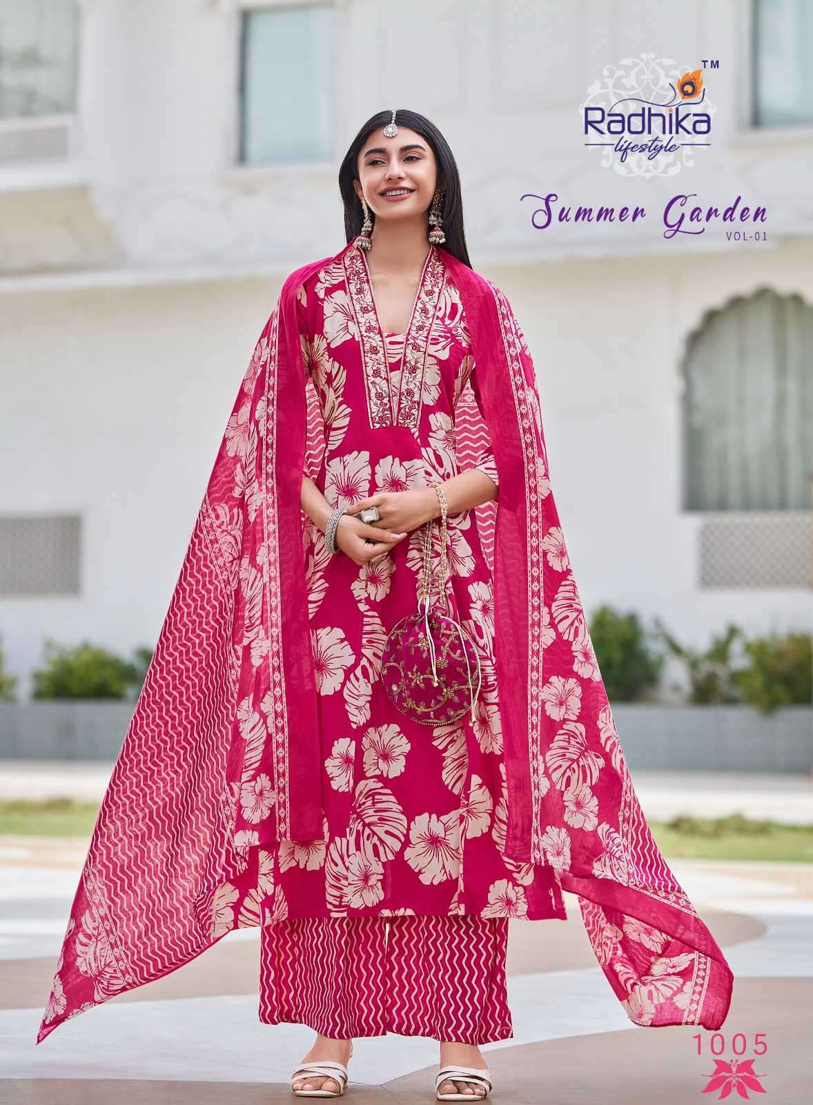 SUMMER GARDEN VOL-1 SERIES 1001 TO 1008 BY RADHIKA LIFESTYLE DESIGNER PRINTED COTTON TOP WITH OKAZZO AND DUPATTA ARE AVAILABLE AT WHOLESALE PRICE