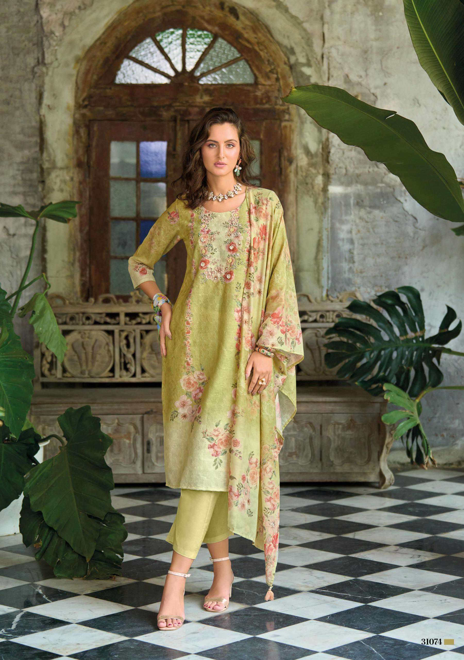SUMMER PASTELS VOL-2 SERIES 31071 TO 31076 BY LADY LEELA DESIGNER WORK LINEN TOP WITH PANT AND DUPATTA ARE AVAILABLE AT WHOLESALE PRICE