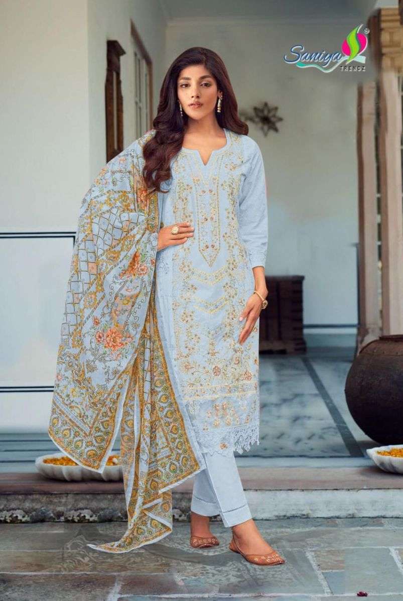 TASEER VOL-1 SERIES 1003 TO 1005 BY SANIYA TRENDZ DESIGNER EMBROIDERY AND CHIKEN WORK CAMBRIC SUITS ARE AVAILABLE AT WHOLESALE PRICE
