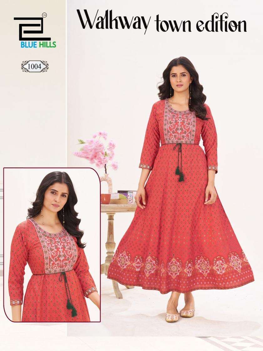 WALKWAY TOWN EDITION SERIES 1001 TO 1005 KURTI BY BLUE HILLS DESIGNER PRINTED RAYON ANARKALI GOWNS ARE AVAILABLE AT WHOLESALE PRICE