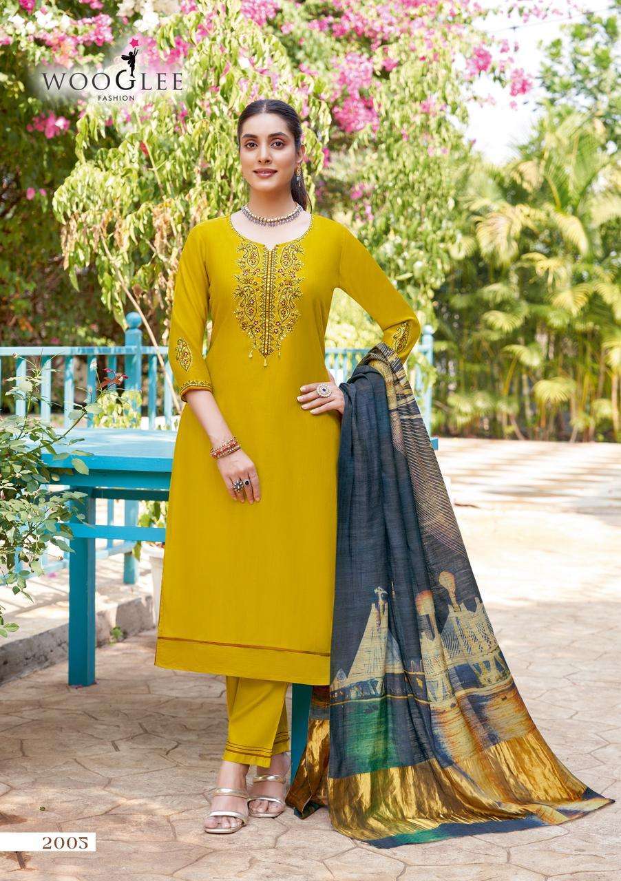 ABHILASHA SERIES 2001 TO 2006 BY WOOGLEE DESIGNER WORK VISCOSE WEAVING TOP WITH BOTTOM AND DUPATTA ARE AVAILABLE AT WHOLESALE PRICE