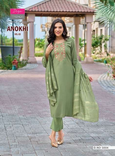 ANOKHI VOL-3 SERIES 3001 TO 3008 BY DIYA TRENDS DESIGNER WORK ROMAN SILK TOP WITH BOTTOM AND DUPATTA ARE AVAILABLE AT WHOLESALE PRICE