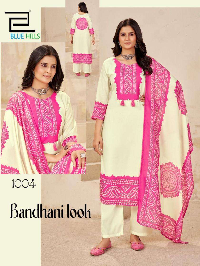 BANDHANI LOOK SERIES 1001 TO 1004 BY BLUE HILLS DESIGNER MUSLIN TOP WITH BOTTOM AND DUPATTA ARE AVAILABLE AT WHOLESALE PRICE