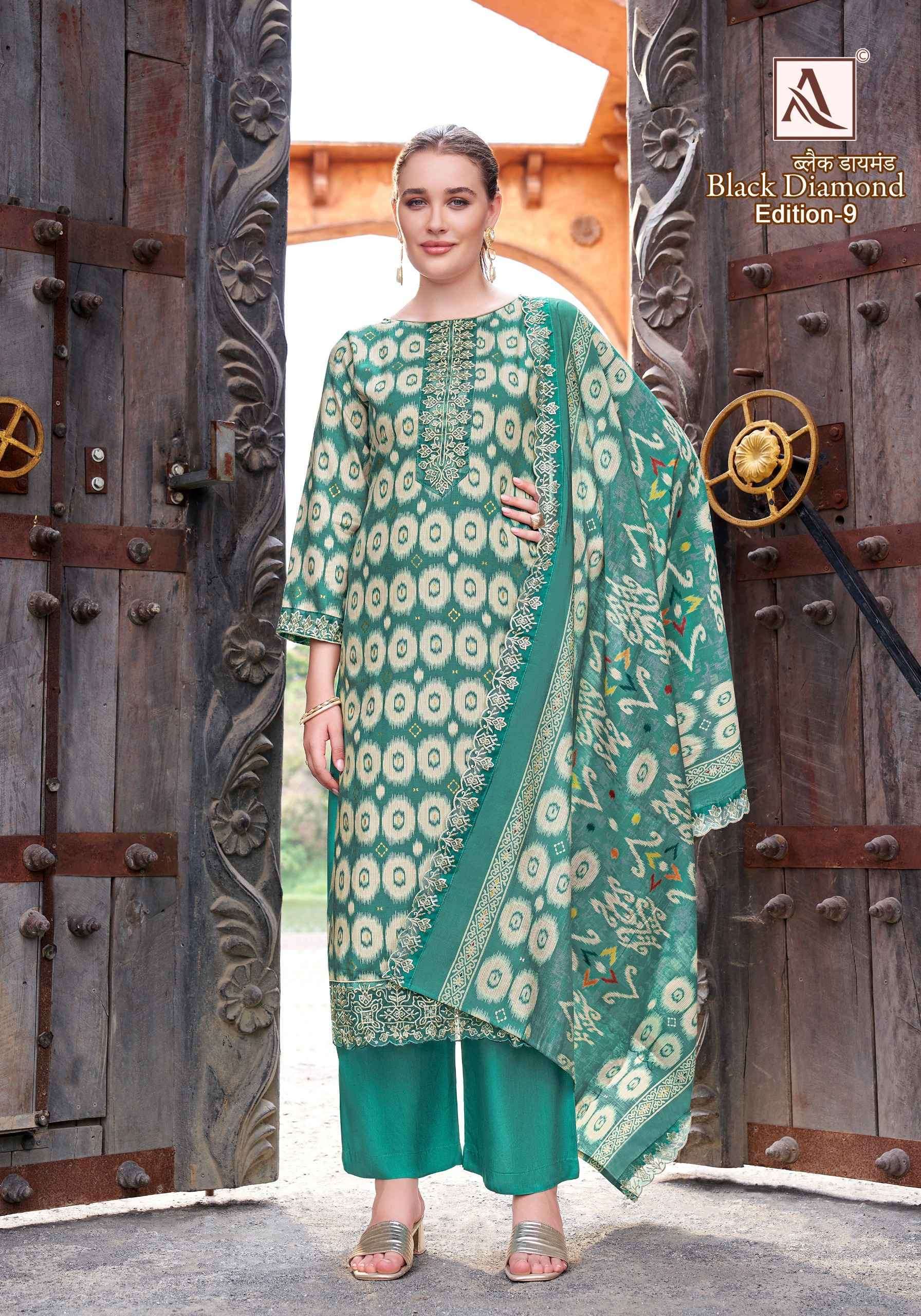 BLACK DIAMOND EDITION-9 SERIES 2016 BY ALOK SUITS DESIGNER PRINTED AND WORK RAYON SUITS ARE AVAILABLE AT WHOLESALE PRICE