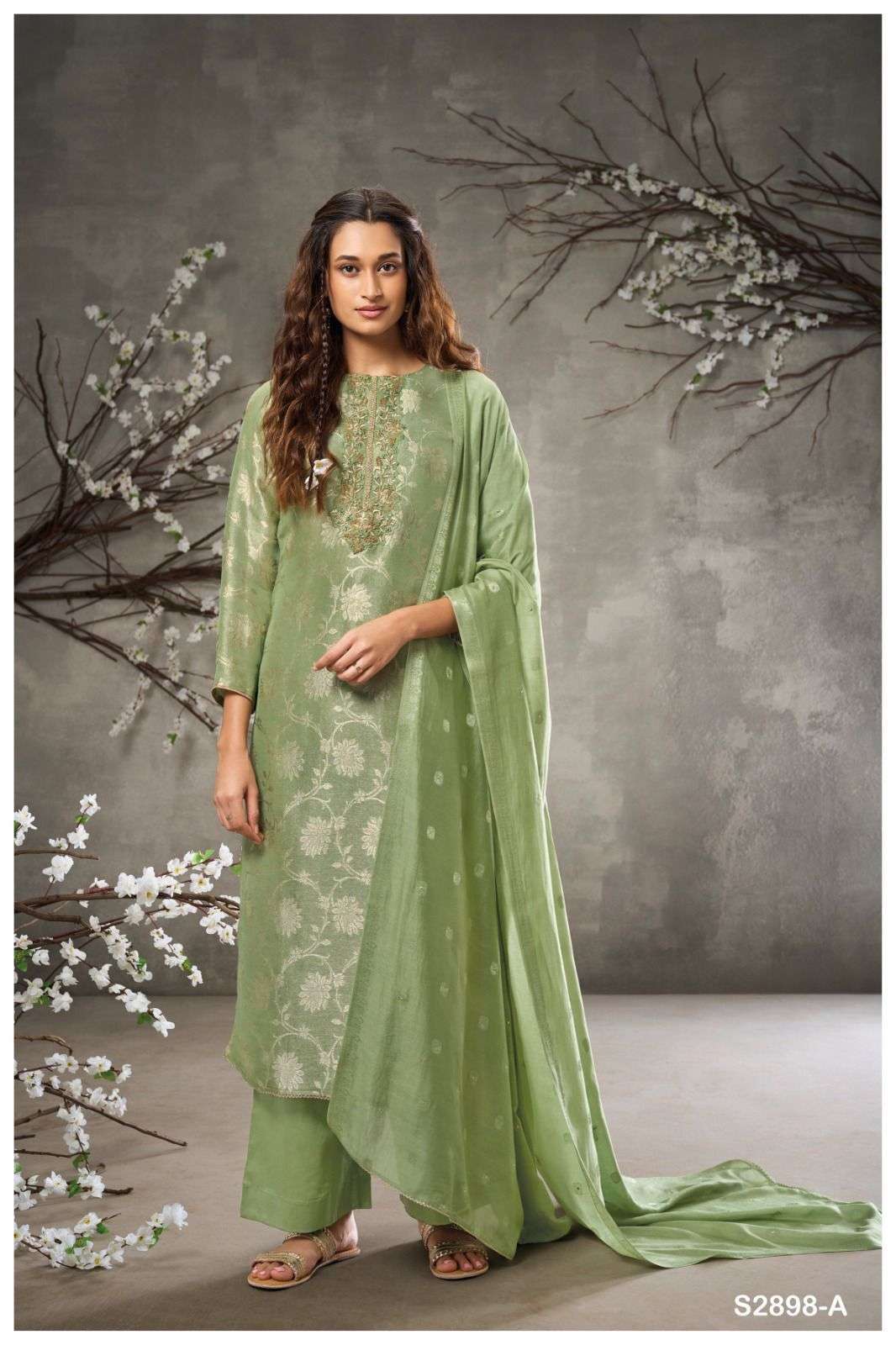CHIMEG SERIES 2898 BY GANGA DESIGNER EMBROIDERY AND HAND WORK BEMBERG SILK SUITS ARE AVAILABLE AT WHOLESALE PRICE