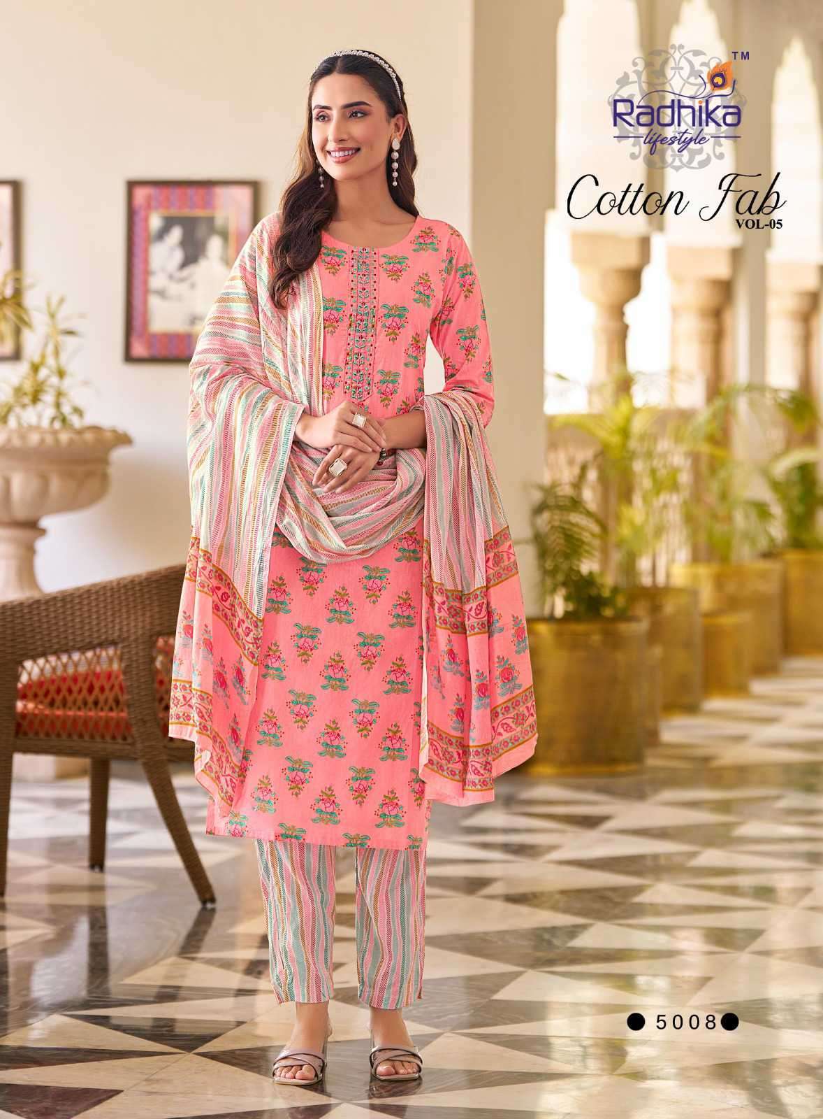 COTTON FAB VOL-5 SERIES 5001 T0 5008 BY RADHIKA LIFESTYLE DESIGNER PRINTED AND WORK COTTON KURTI WITH BOTTOM AND DUPATTA ARE AVAILABLE AT WHOLESALE PRICE