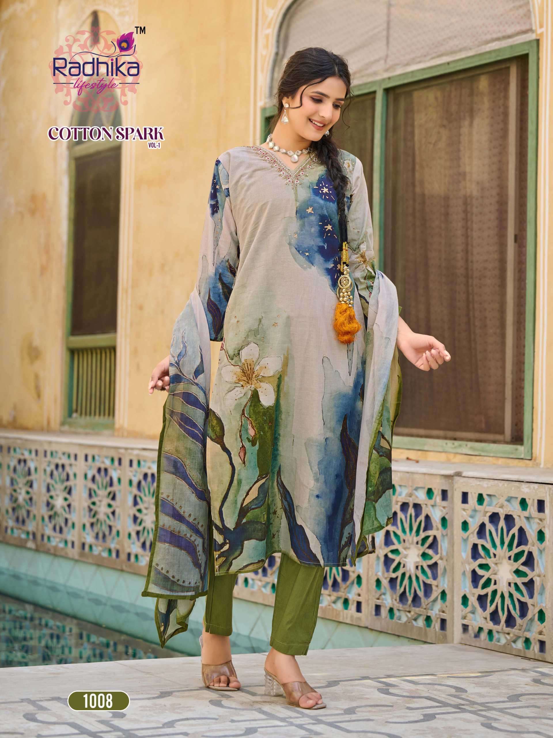 COTTON SPARK VOL-1 SERIES 1001 TO 1008 BY RADHIKA LIFESTYLE DESIGNER PRINTED AND WORK COTTON KURTI WITH BOTTOM AND DUPATTA ARE AVAILABLE AT WHOLESALE PRICE