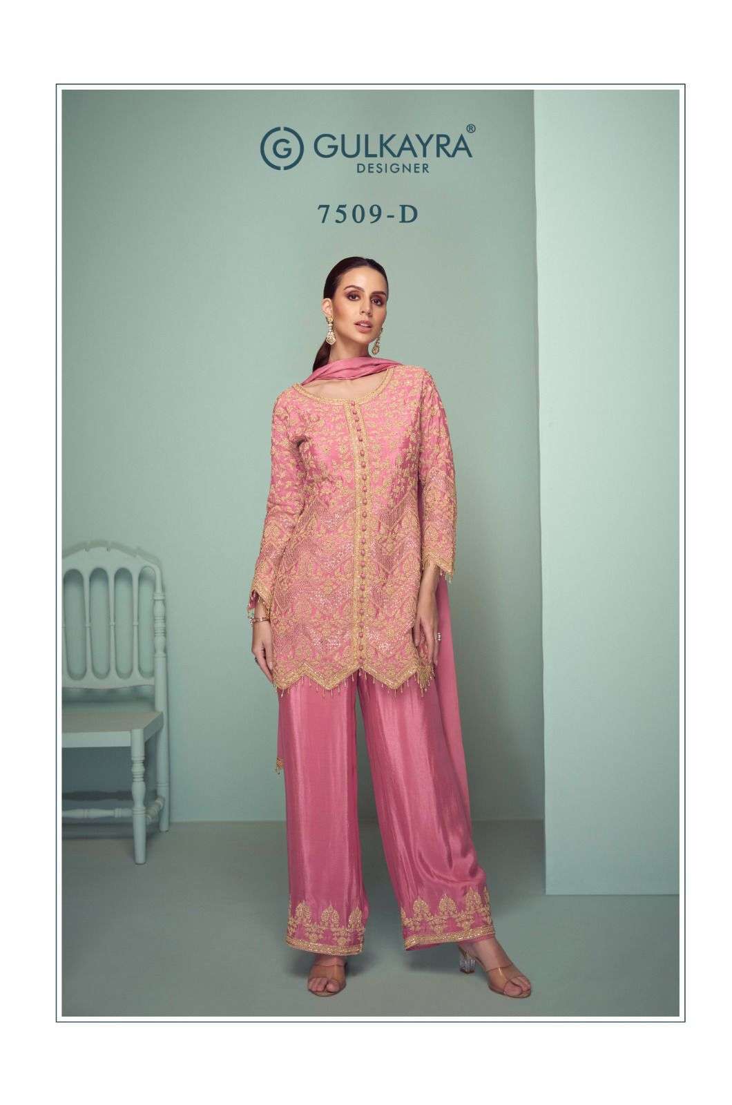 CROWN PLATINUM SERIES 7509A TO 7509D BY GULKAYRA DESIGNER WITH WORK CHINON READYMADE SUITS ARE AVAILABLE AT WHOLESALE PRICE
