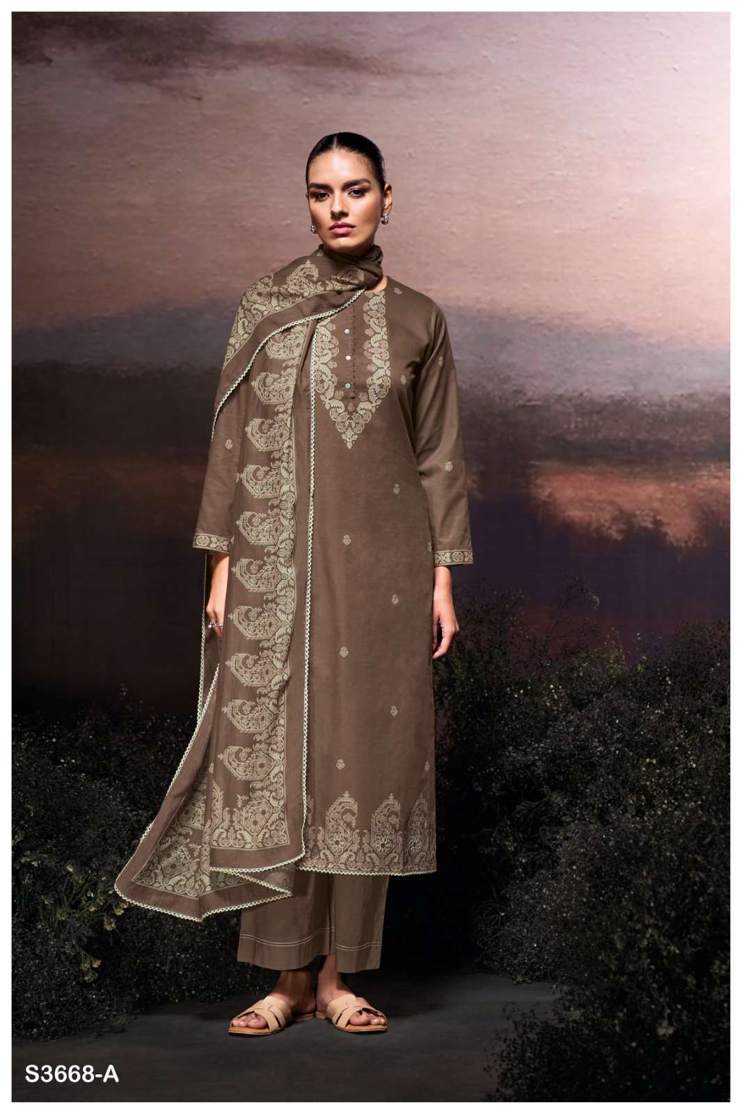 DILARA SERIES 3668 BY GANGA DESIGNER PRINTED WITH EMBROIDERY AND HAND WORK COTTON SUITS ARE AVAILABLE AT WHOLESALE PRICE