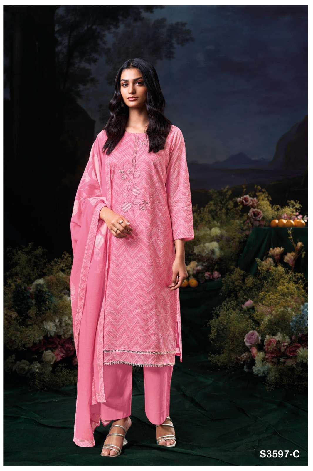 DIVITA SERIES 3597 BY GANGA DESIGNER PRINTED AND EMBROIDERY WORK COTTON SUITS ARE AVAILABLE AT WHOLESALE PRICE