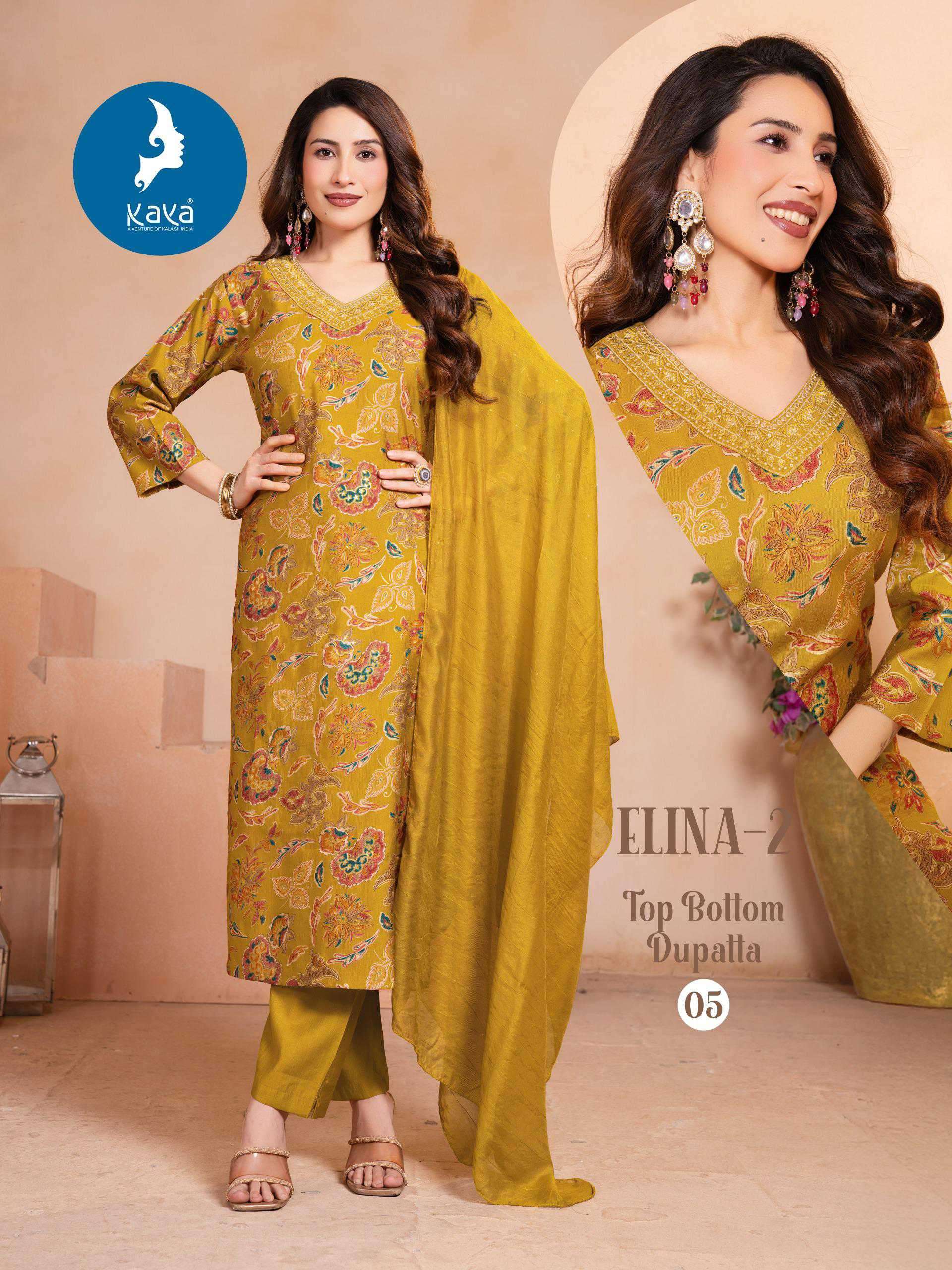 ELINA VOL-2 SERIES 01 TO 06 BY KAYA DESIGNER PRINTED AND WORK SILK KURTI WITH BOTTOM AND DUPATTA ARE AVAILABLE AT WHOLESALE PRICE