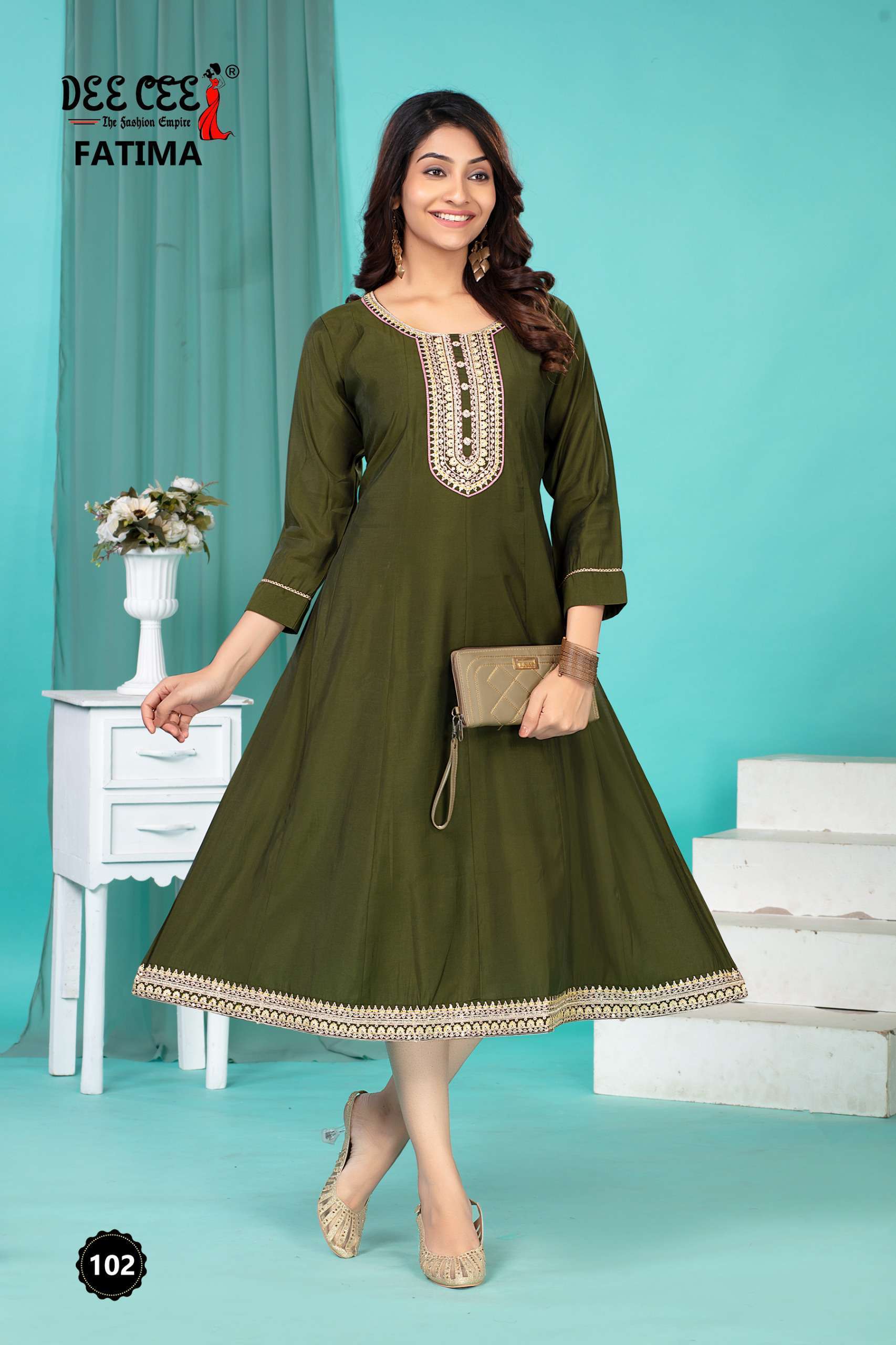 FATIMA SERIES 101 TO 106 KURTI BY DEE CEE DESIGNER WORK ROMAN SILK LONG KALI STYLE KURTIS ARE AVAILABLE AT WHOLESALE PRICE 