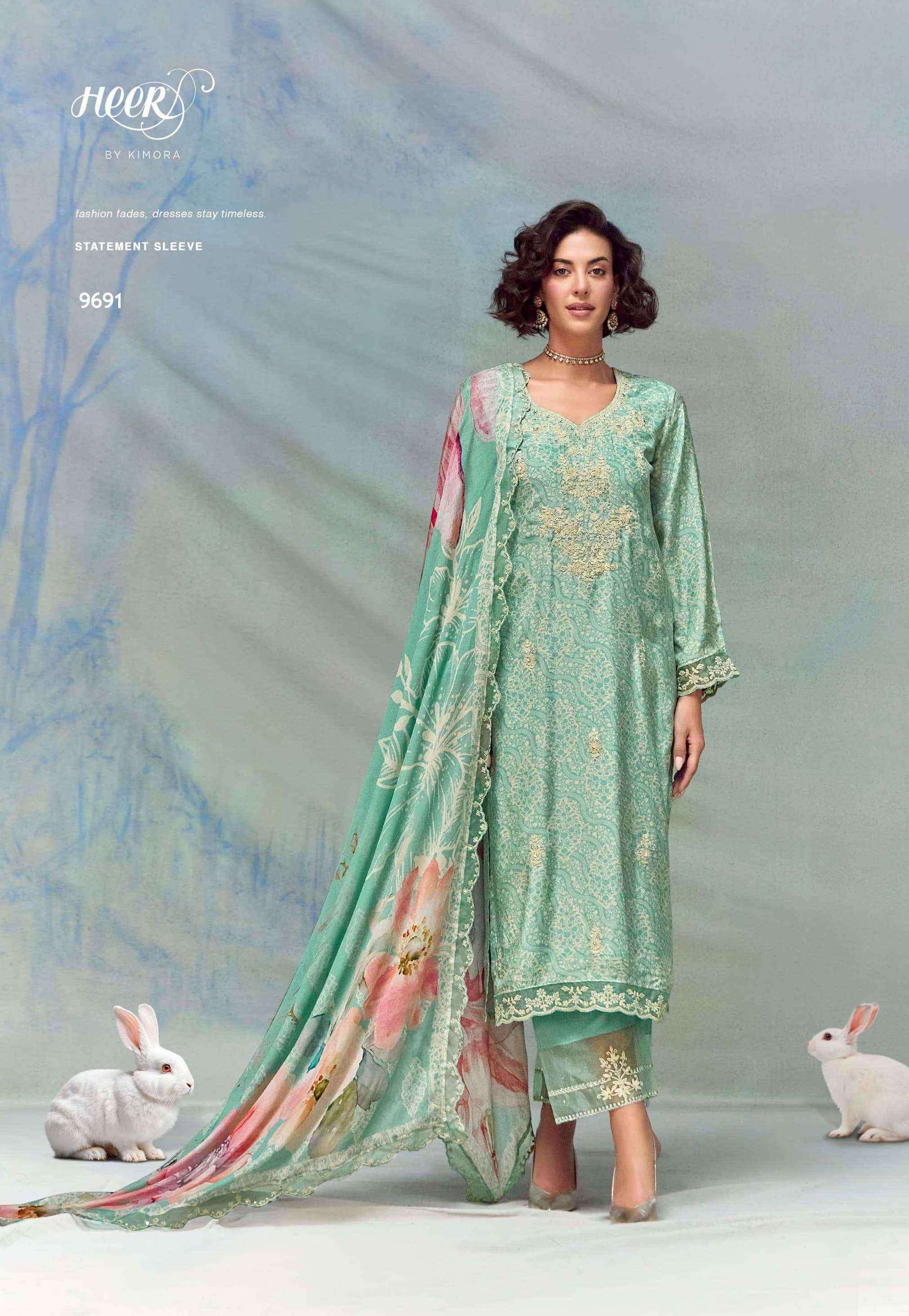 FLORENCE SERIES 9691 TO 9696 BY HEER KIMORA DESIGNER DIGITAL PRINTED AND WORK MUSLIN SUITS ARE AVAILABLE AT WHOLESALE PRICE