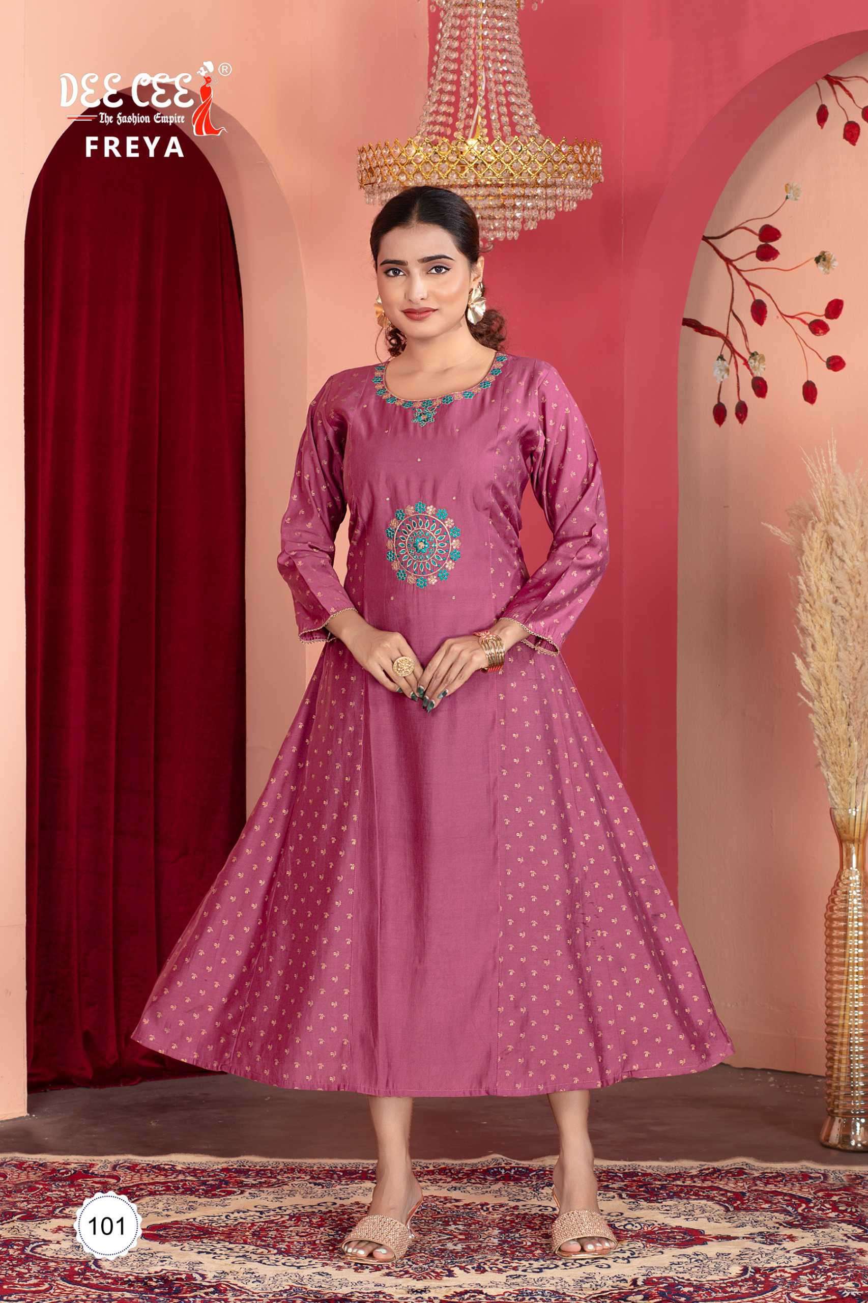 FREYA SERIES 101 TO 106 KURTI BY DEE CEE DESIGNER WORK CHANDERI KALI STYLE KURTIS ARE AVAILABLE AT WHOLESALE PRICE