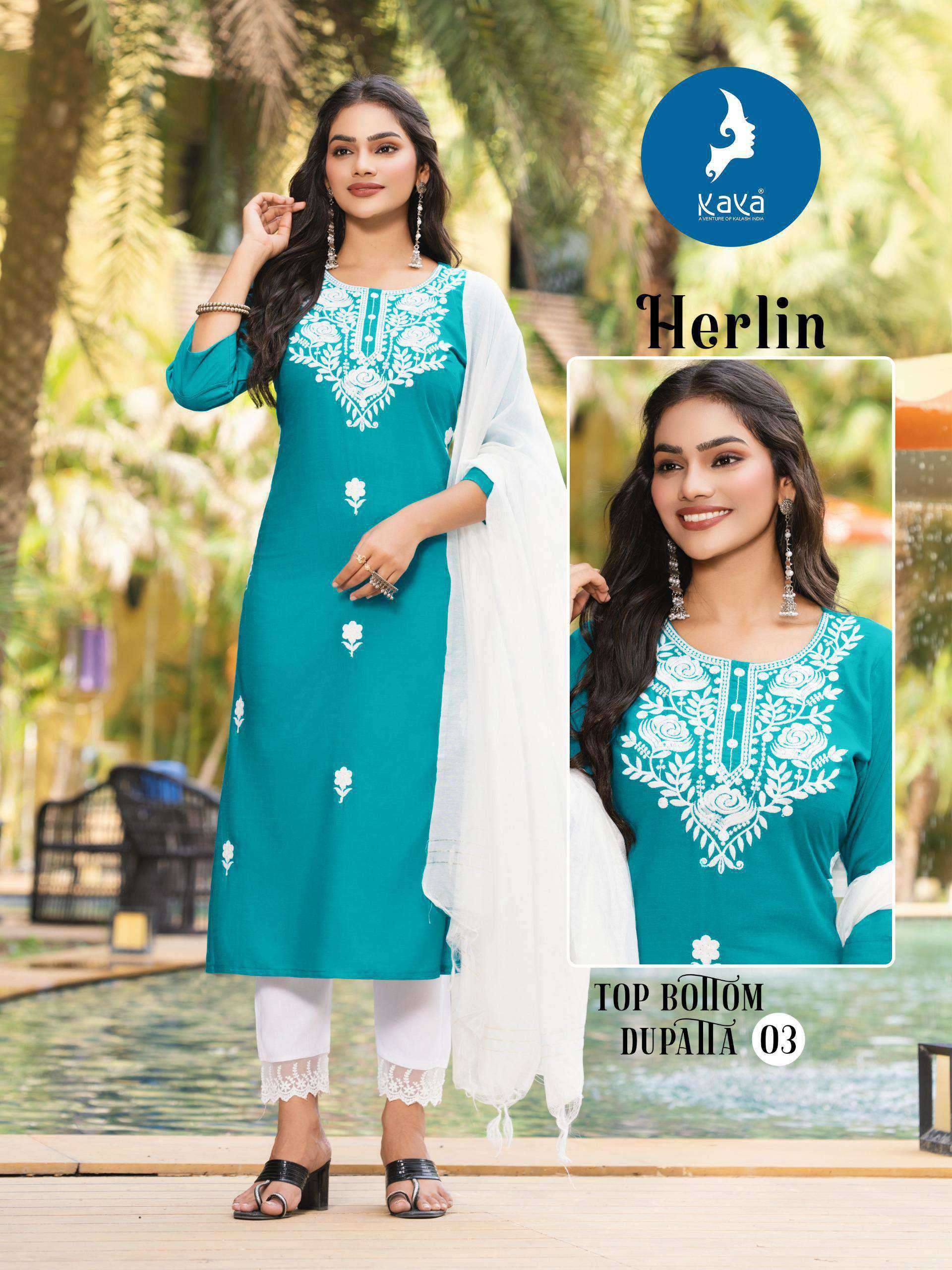 HERLIN SERIES 01 TO 06 BY KAYA DESIGNER WORK RAYON SLUB KURTI WITH BOTTOM AND DUPATTA ARE AVAILABLE AT WHOLESALE PRICE