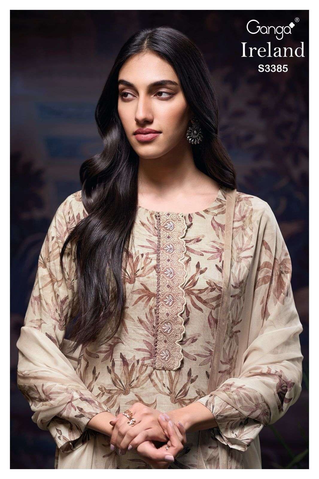 IRELAND SERIES 3385 BY GANGA DESIGNER PRINTED WITH EMBROIDERY WORK COTTON LINEN SUITS ARE AVAILABLE AT WHOLESALE PRICE