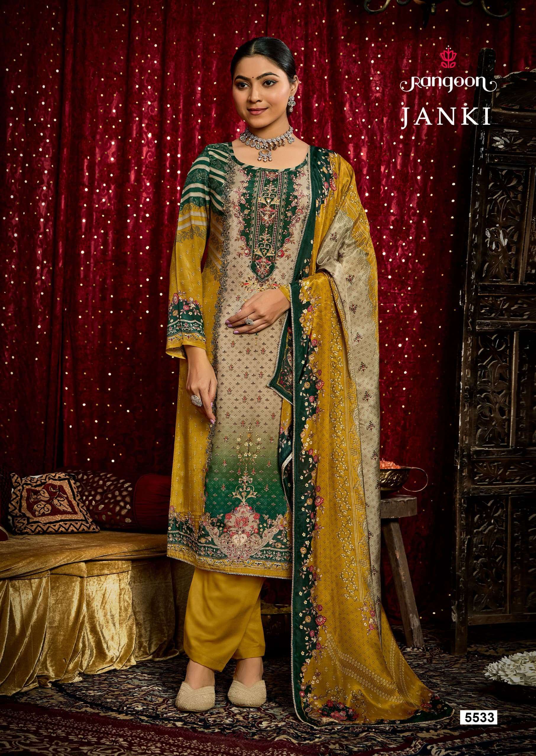 JANKI SERIES 5531 TO 5534 BY RANGOON DESIGNER DIGITAL PRINTED AND WORK MUSLIN TOP WITH BOTTOM AND DUPATTA ARE AVAILABLE AT WHOLESALE PRICE
