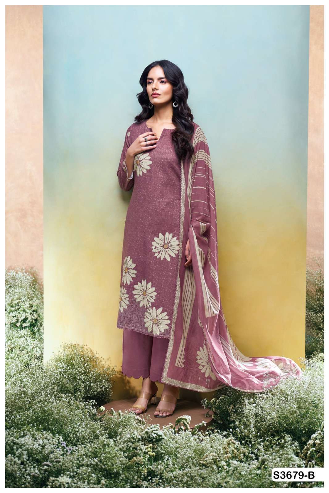 KALANI SERIES 3679 BY GANGA DESIGNER PRINYED WITH EMBROIDERY AND HAND WORK COTTON LINEN SUITS ARE AVAILABLE AT WHOLESALE PRICE