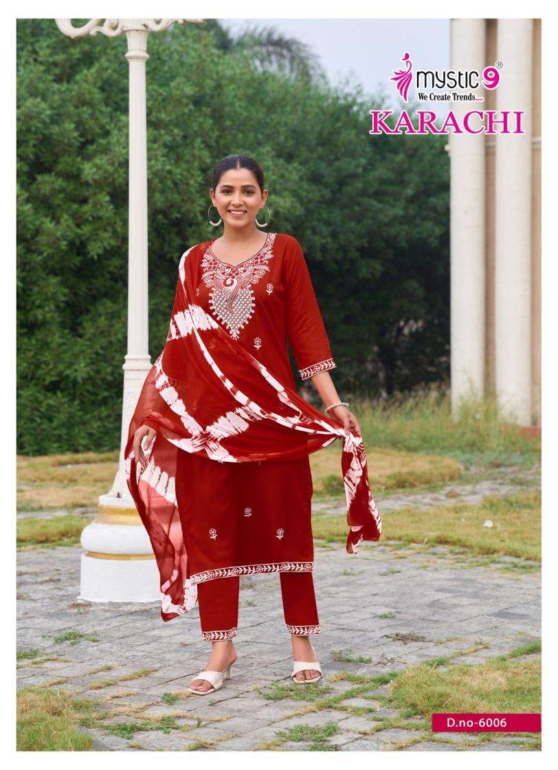 KARACHI SERIES 6001 TO 6006 BY MYSTIC 9 DESIGNER EMBROIDERY WORK RAYON KURTI WITH BOTTOM AND DUPATTA ARE AVAILABLE AT WHOLESALE PRICE
