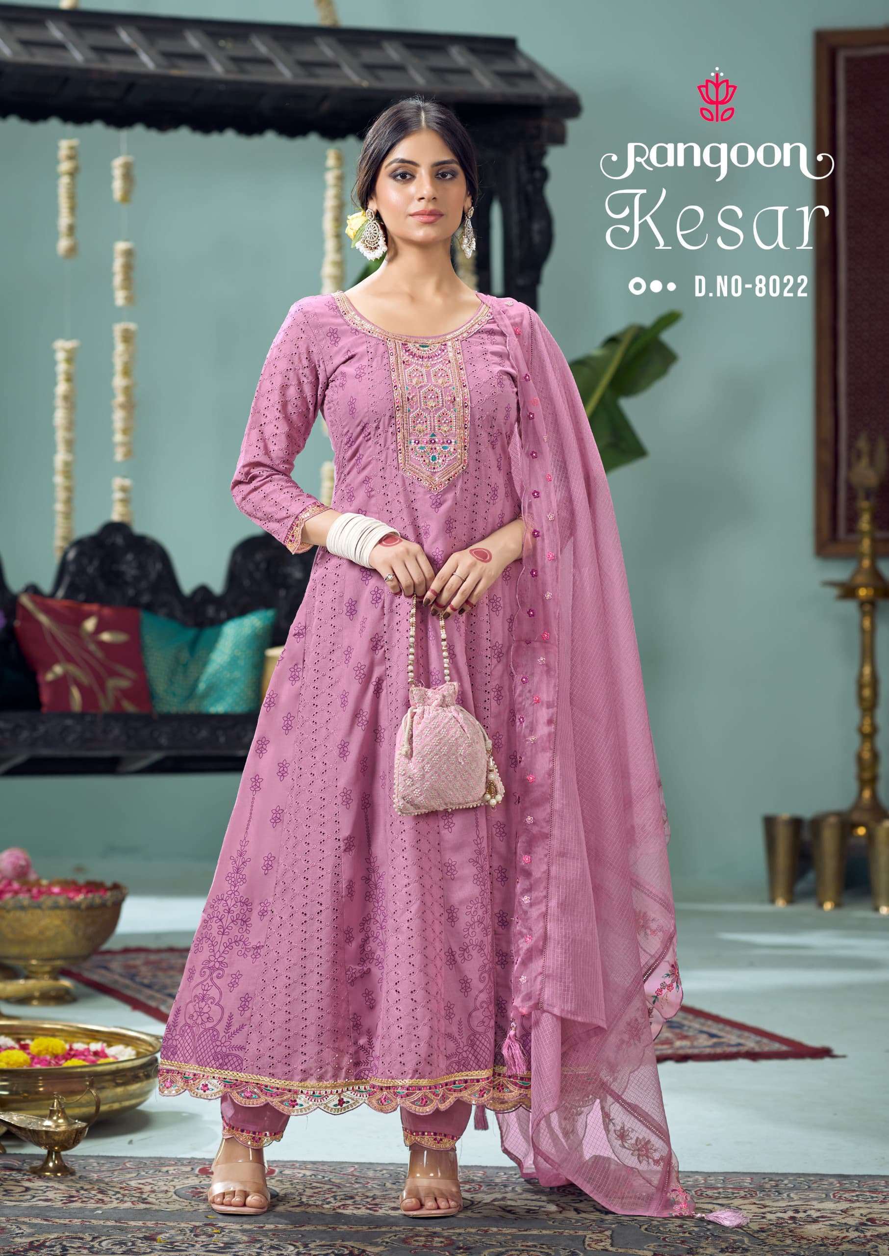 KESAR SERIES 8021 TO 8024 BY RANGOON DESIGNER SCHIFFLI WORK COTTON ANARKALI KURTI WITH BOTTOM AND DUPATTA ARE AVAILABLE AT WHOLESALE PRICE 