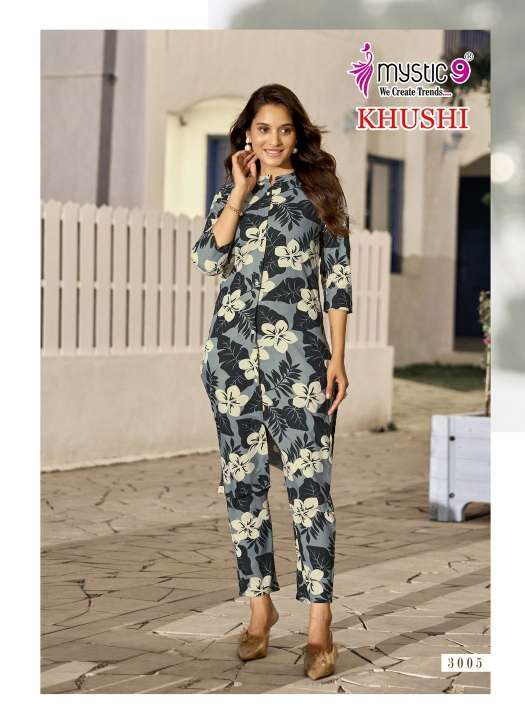 KHUSHI SERIES 3001 TO 3008 BY MYSTIC9 DESIGNER PRINTED VISCOSE CO ORD SETS ARE AVAILABLE AT WHOLESALE PRICE