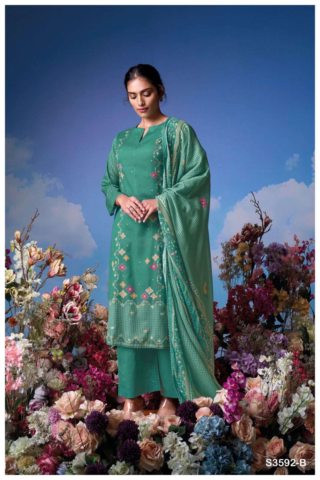 KOYEL SERIES 3592 BY GANGA DESIGNER PRINTED WITH EMBROIDERY AND HAND WORK MUL SUITS ARE AVAILABLE AT WHOLESALE PRICE
