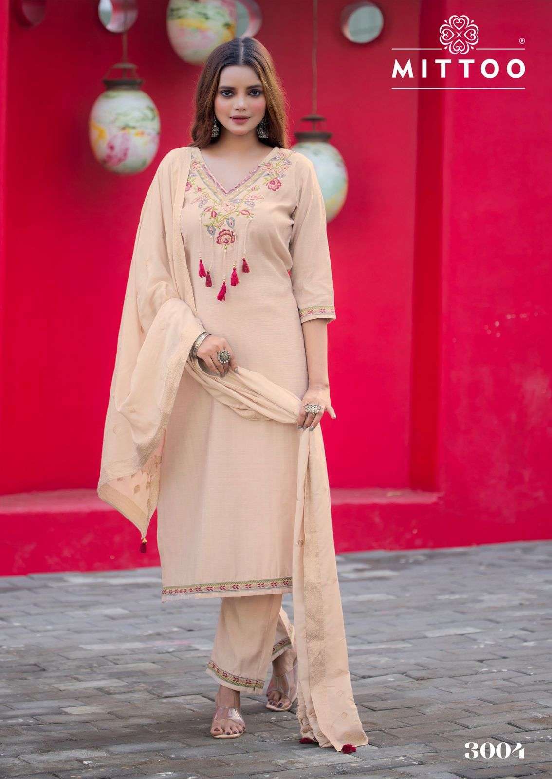MANSA SERIES 3001 TO 3006 BY MITTO DESIGNER HAND WORK VISCOSE WEAVING KURTI WITH BOTTOM AND DUPATTA ARE AVAILABLE AT WHOLESALE PRICE